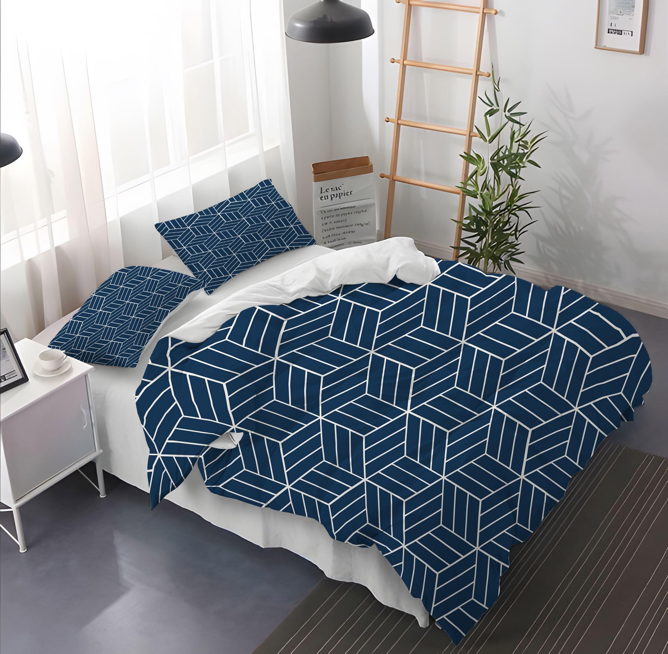 Bettwäsche 155x220 cm Blaues Geometrisches Muster, Bettbezug 3teilig Weiche Allergiker Microfaser Bettwäsche-Sets, Deckenbezug mit Reißverschluss und 2 Kissenbezüge 80x80cm