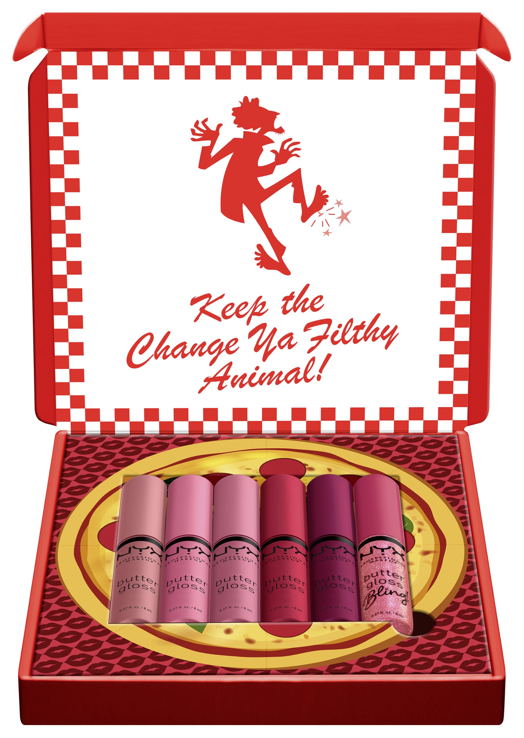 NYX Professional Makeup Home Alone Lipglosse in Pizzaschachtel, Mit glänzendem Finish und nicht klebriger Formel, Butter Gloss Pizza Vault, 6 Stück, 5 Pink-/Rottöne und Butter Gloss Bling