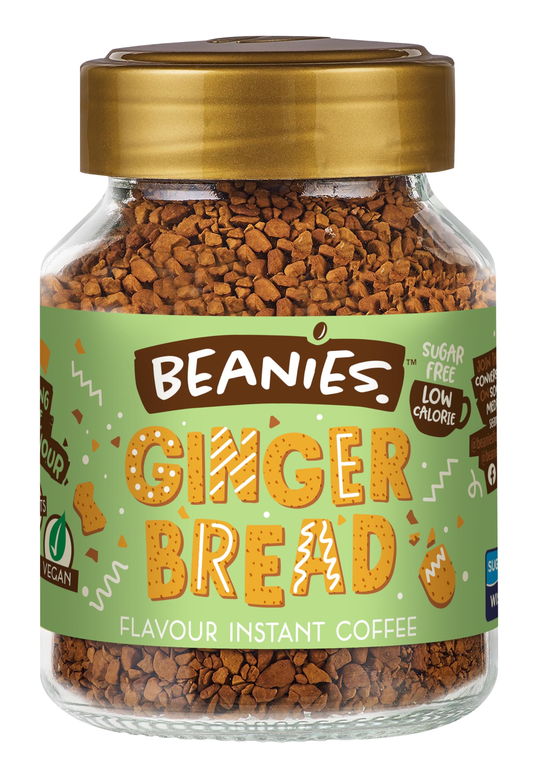 Beanies Flavour Instant Coffee - Gingerbread Instant Flavored Coffee - Bold & Adventurous Full-On Flavor - An Indulgent Sugar Free Taste Explosion - Low Calorie - Vegan & Gluten Free - 50g x 6