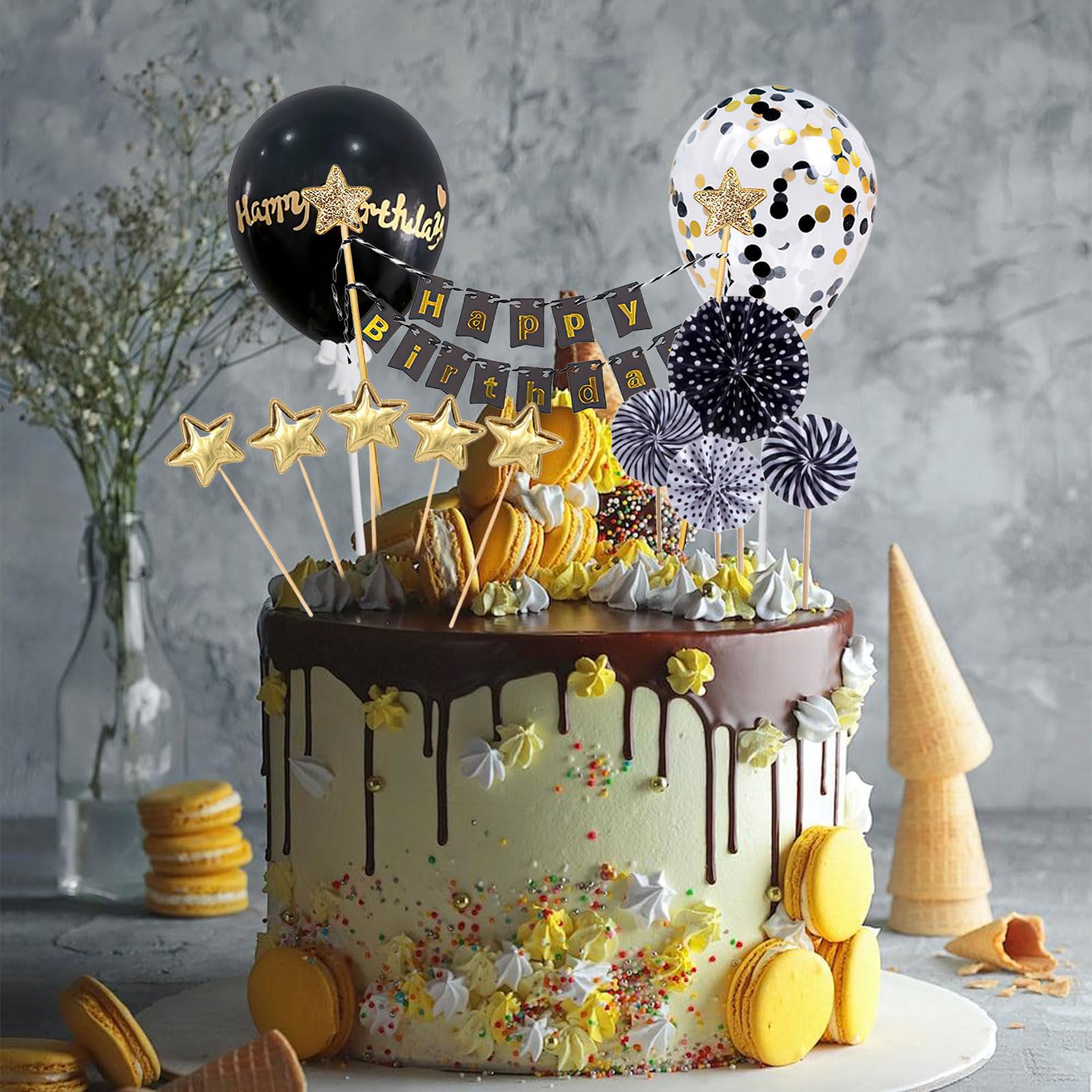 Tortendeko Schwarz Gold 12-teilig - Cake Topper Set Mit Banner, Ballons, Sternen & Fächern