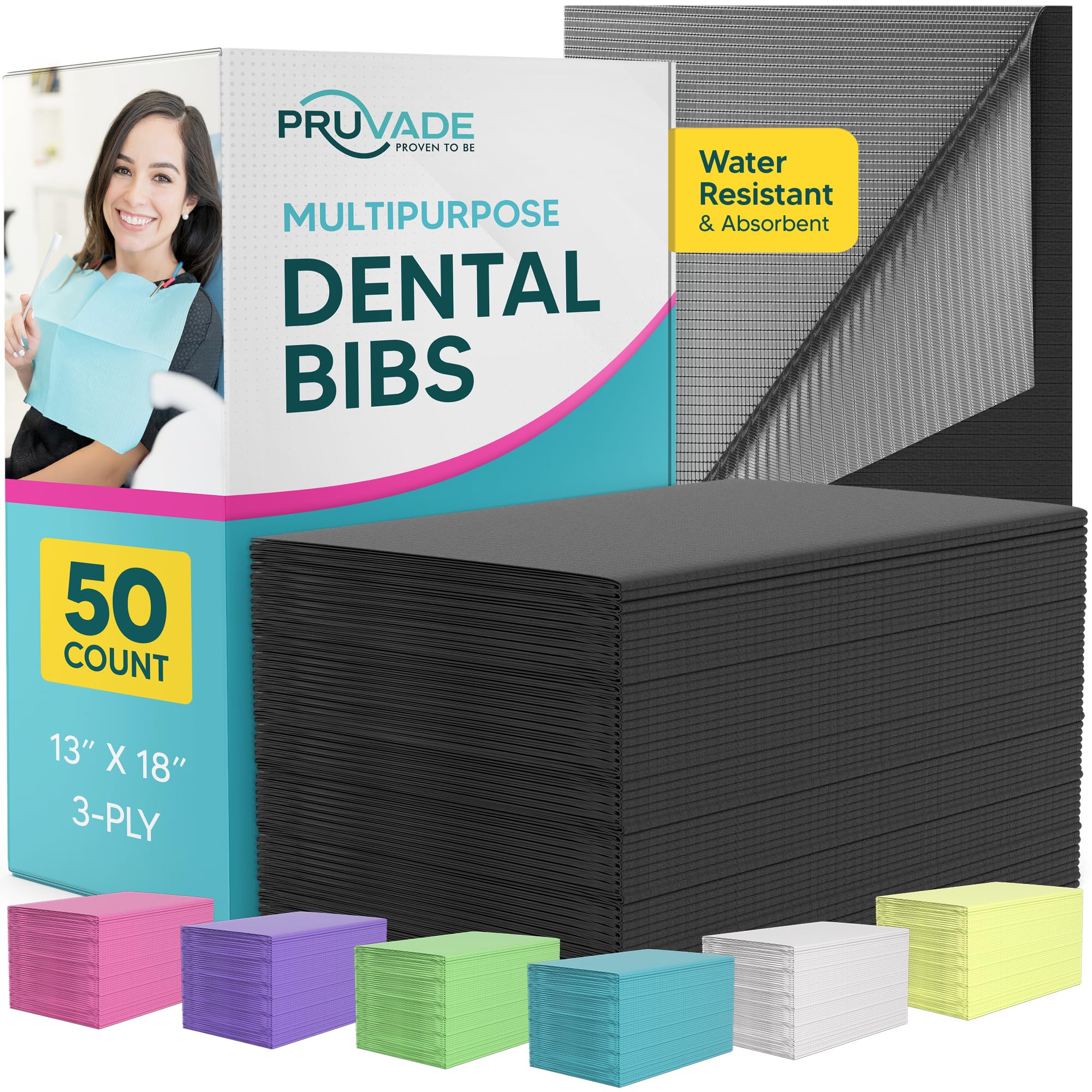 Pruvade Dental Bibs - 50 Pack Adult Disposable Bibs 3-Ply for Dentist, Eating, Tattooing - 13" x 18" Waterproof Medical Sheets for Piercing, Tattoo