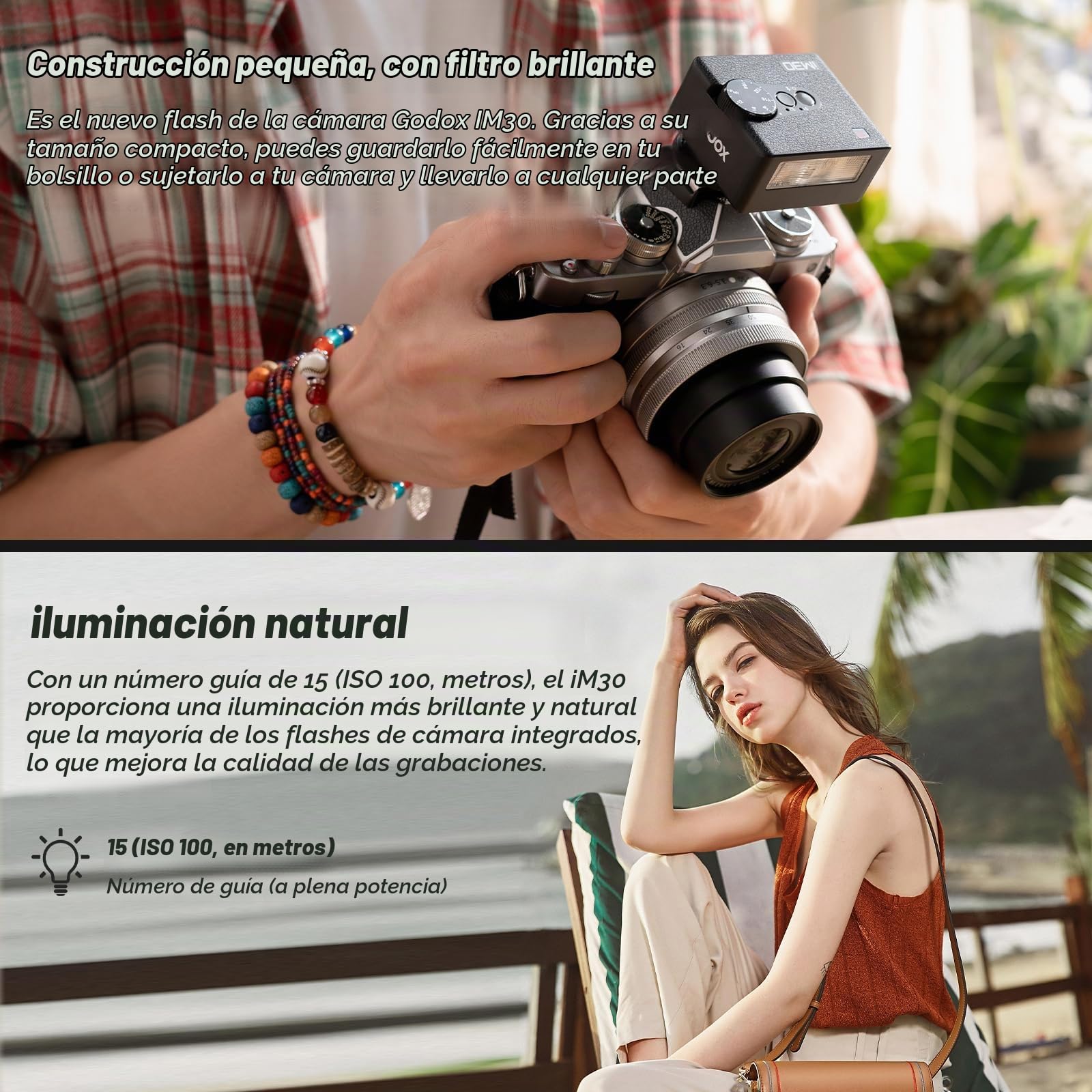 Godox iM30 Flash Godox Flash de Cámara, 7 Niveles de Potencia Mini Flash Speedlite 6500K±200K Flash de Cámara para Canon Sony Nikon Fuji Olympus