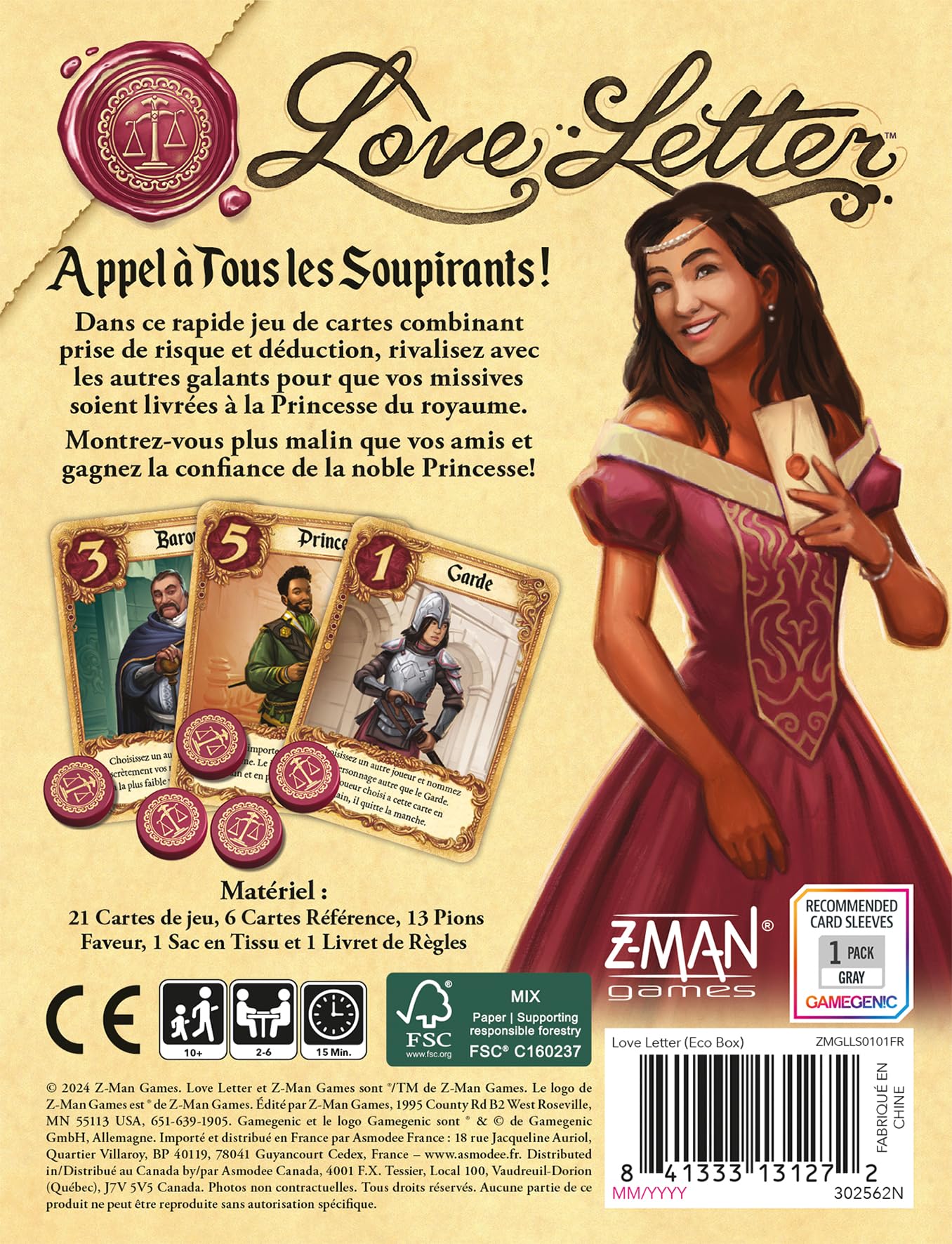 Asmodee Love Letter Jeu de Cartes Stratégique 10 Ans 2-6 Joueurs 15 Min Version Française Z-Man Games