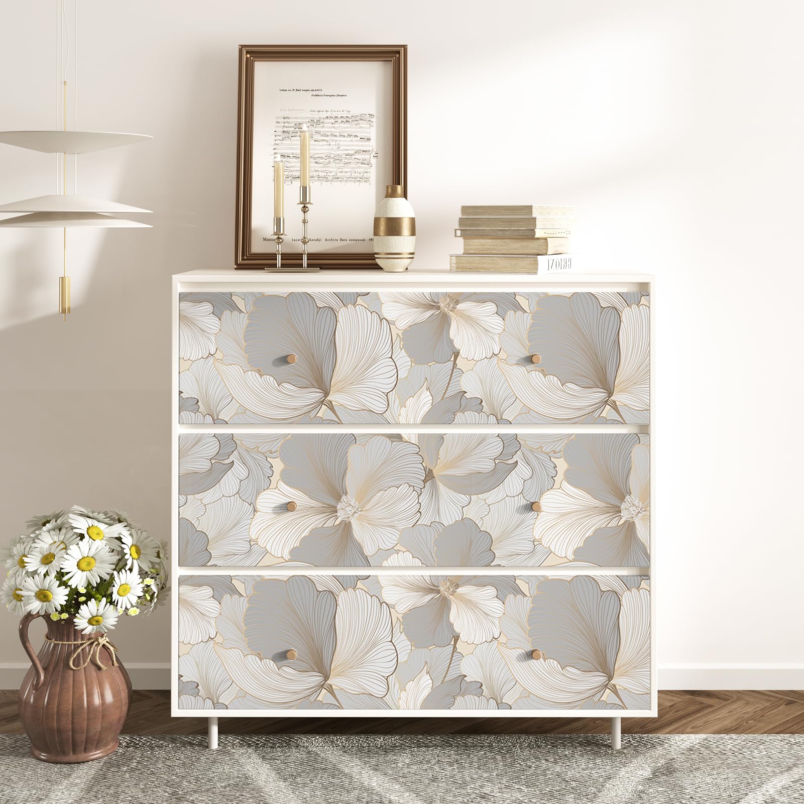 Papel Pintado Flores Beige Gris Vinilo Adhesivo Muebles Papel De Pared Decorativos Vinilo Para Muebles De Cocina Papel Pintado Autoadhesivo Para SalóN Armarios Impermeable44,5cm X 1000cm