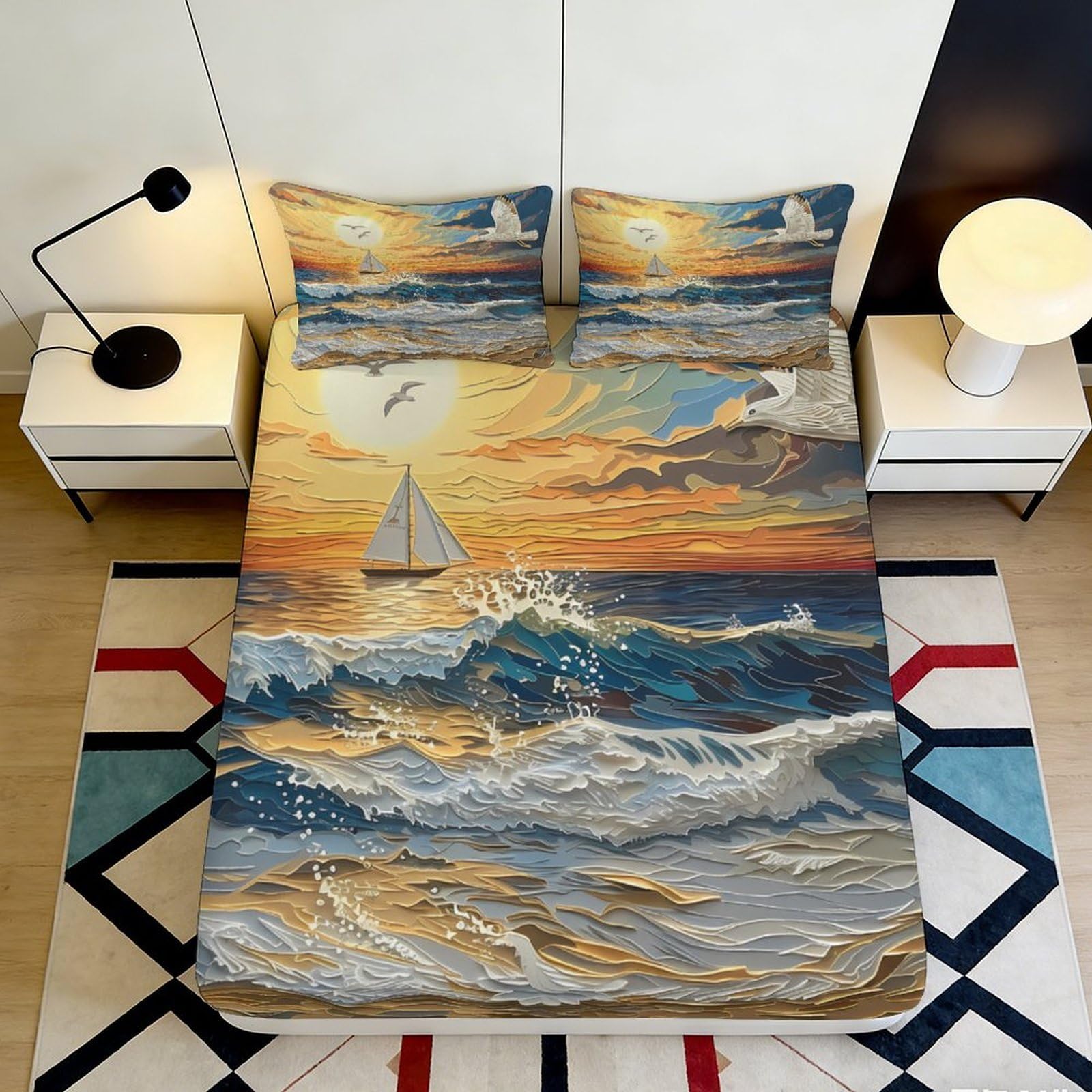 3D Printed Ocean Sunset Fitted Sheet Microfiber Deep Pocket Non-Slip Seascape Mattress Fitted Cover for Bedroom 140x200x25cm
