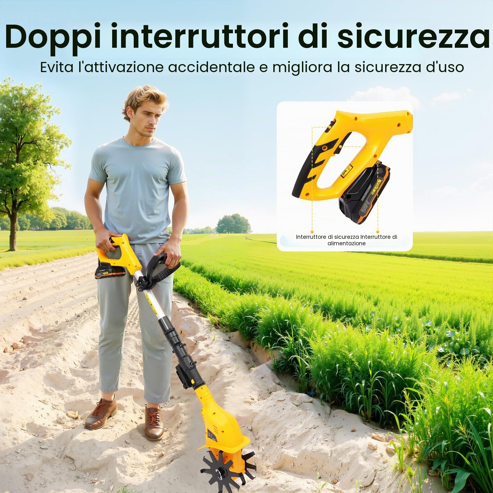 Motozappa, fresa da giardino, motozappa elettrica con batteria e caricatore, manuale regolabile a batteria, profondità di taglio 25 cm, per giardino e prato
