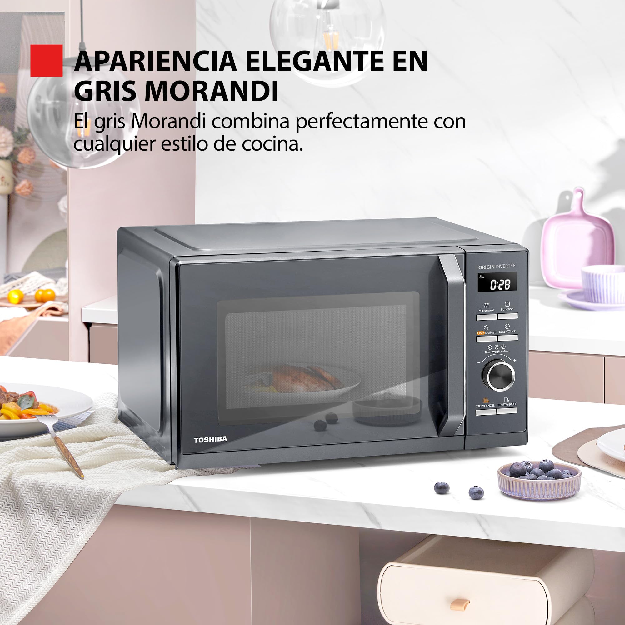 Toshiba MW3-AG25PFI(MG), Forno micro-ondas 25 L 3 em 1 900 W, Morandi cinzento brilhante, 6 programas, 10 níveis de potência, 7 menus automáticos, limpeza fácil