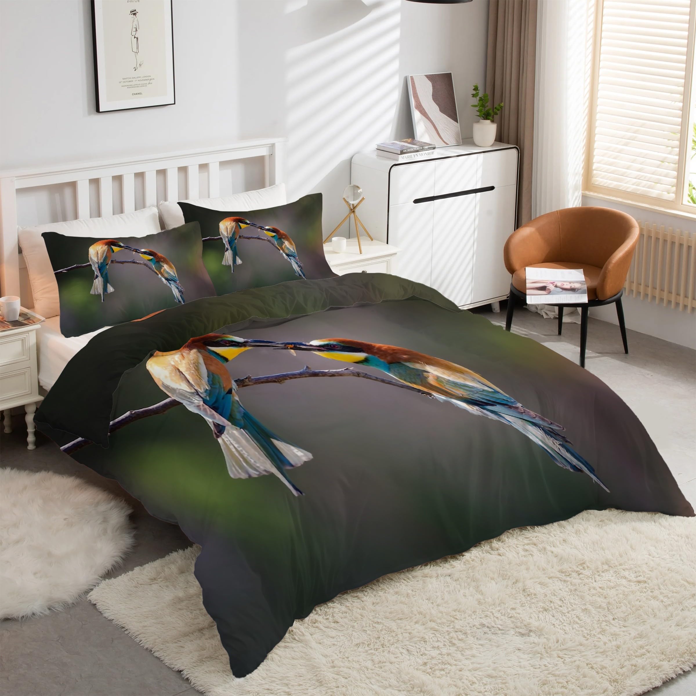 Parure de lit 90x190 colibri en microfibre douce avec 2 taies d'oreiller