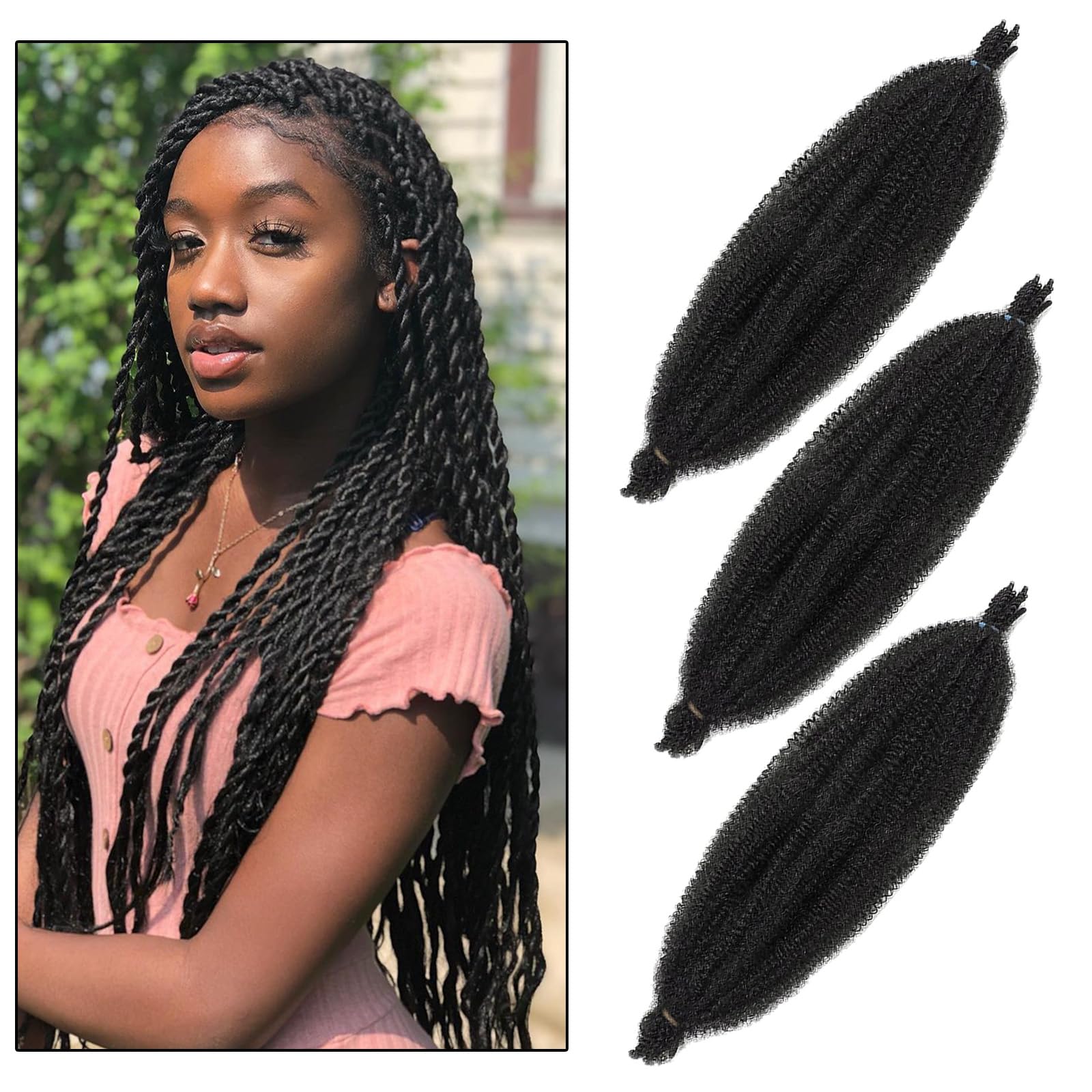 24 pulgadas Springy Soft Twist pelo para locs afro marley 3 paquetes, negro preseparados Spring Twist Hair para locs Crochet Hair para extensiones de cabello rizado Marley para mujeres