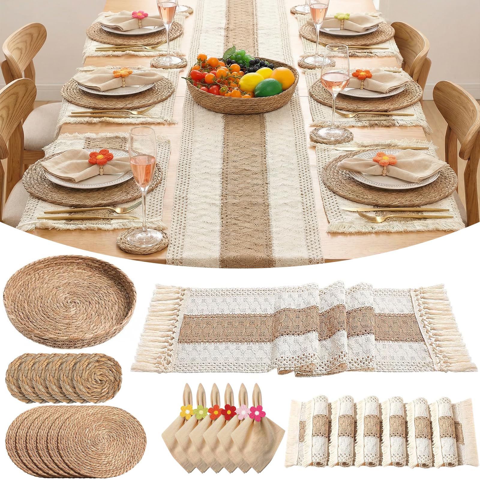 6 Sets Boho Placemats(32Pcs): Round Woven, Rectangular Placemats, Floral Napkin Rings, Cloth Napkins, Long Table Runner, Coasters & Storage Basket, Natural Burlap Cotton for Kitchen Dining Table Home