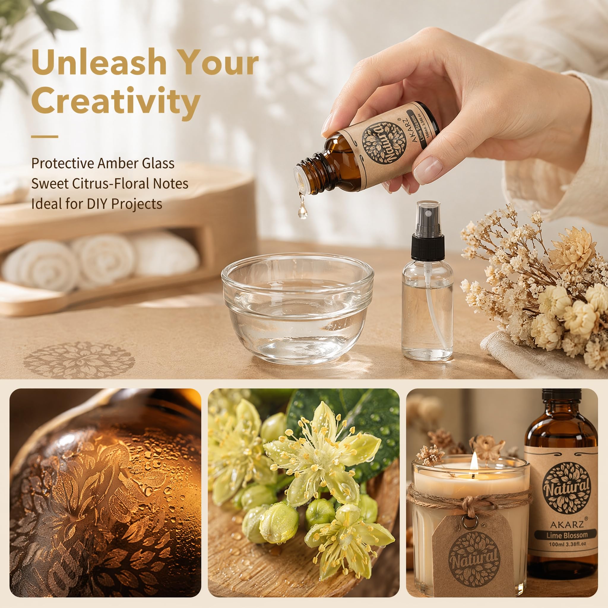 AKARZ 100ml Olejek esencjny z Kwiatu Lipy - Naturalny olejek aromatyczny do dyfuzorów, lamp aromatycznych i aromatów pomieszczeń