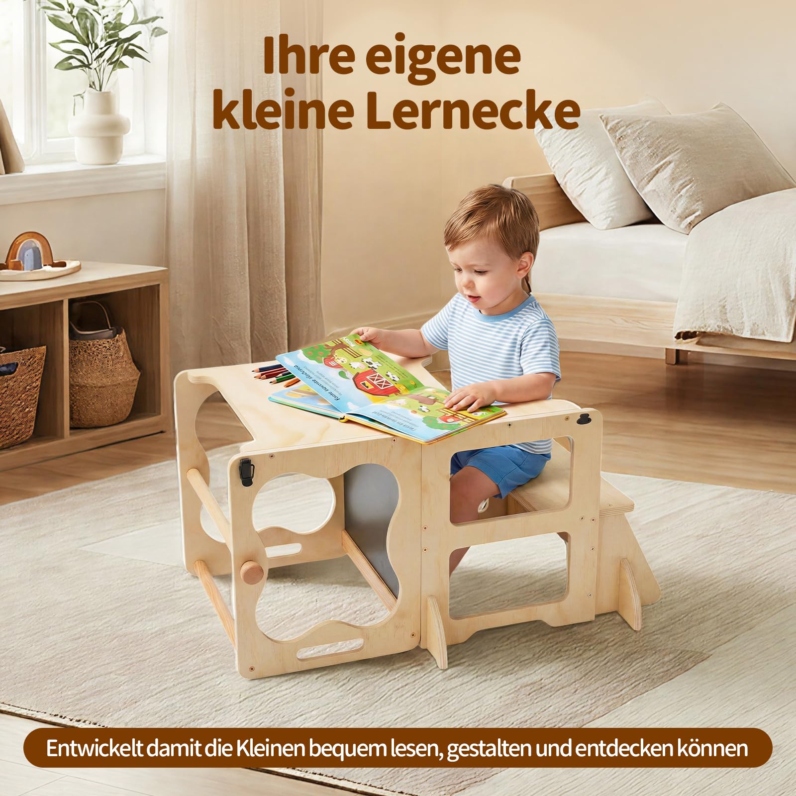 COSYLAND Lernturm Kinder 3in1 Küchenhelfer mit Tafel & Geländer Natur | wandelbar zu Tisch & Stuhl, ideal für Küche, Spielen und Lernen, stabil und sicher