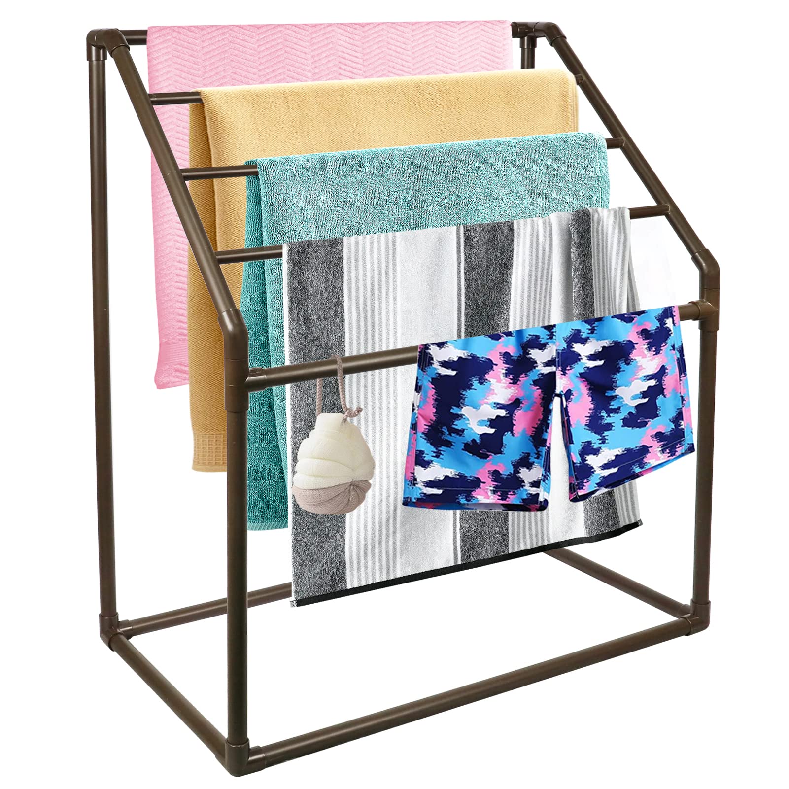 Pool Towel Rack, 5 Bar, Brown, Freestanding Outdoor PVC Trapedozal Poolside Storage Organizer,42 in (L) x 24 in (W) x 50 in (H) Extra Large Pool Towel Rack for Beach, Swimming Pool