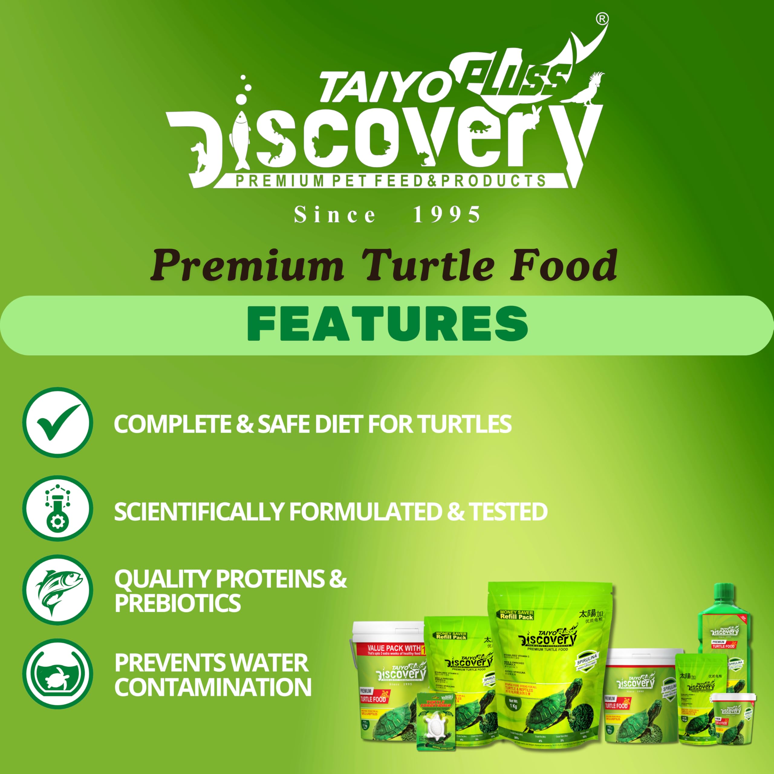 Taiyo Pluss Discovery Turtle Food - 1 kg Refill Pouch + 100 g Pouch Free (Improved Formula) | Complete Daily Nutrition Sticks with Spirulina & Vitamin C | Supports Shell Strength & Growth 1