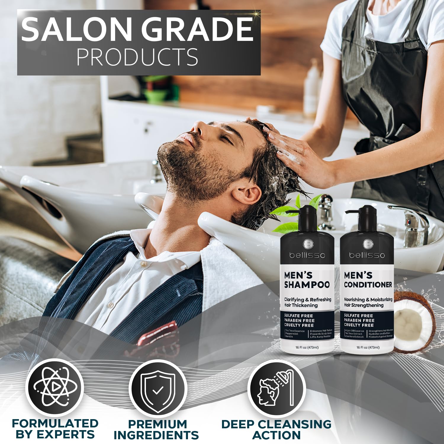 Mens Shampoo and Conditioner Set - Sulfate Free and Clarifying - For Men with Oily to Normal Hair - Moisturizing and Thickening - Biotin, Keratin, Tea Tree Oil, Caffeine and Peppermint for Dandruff