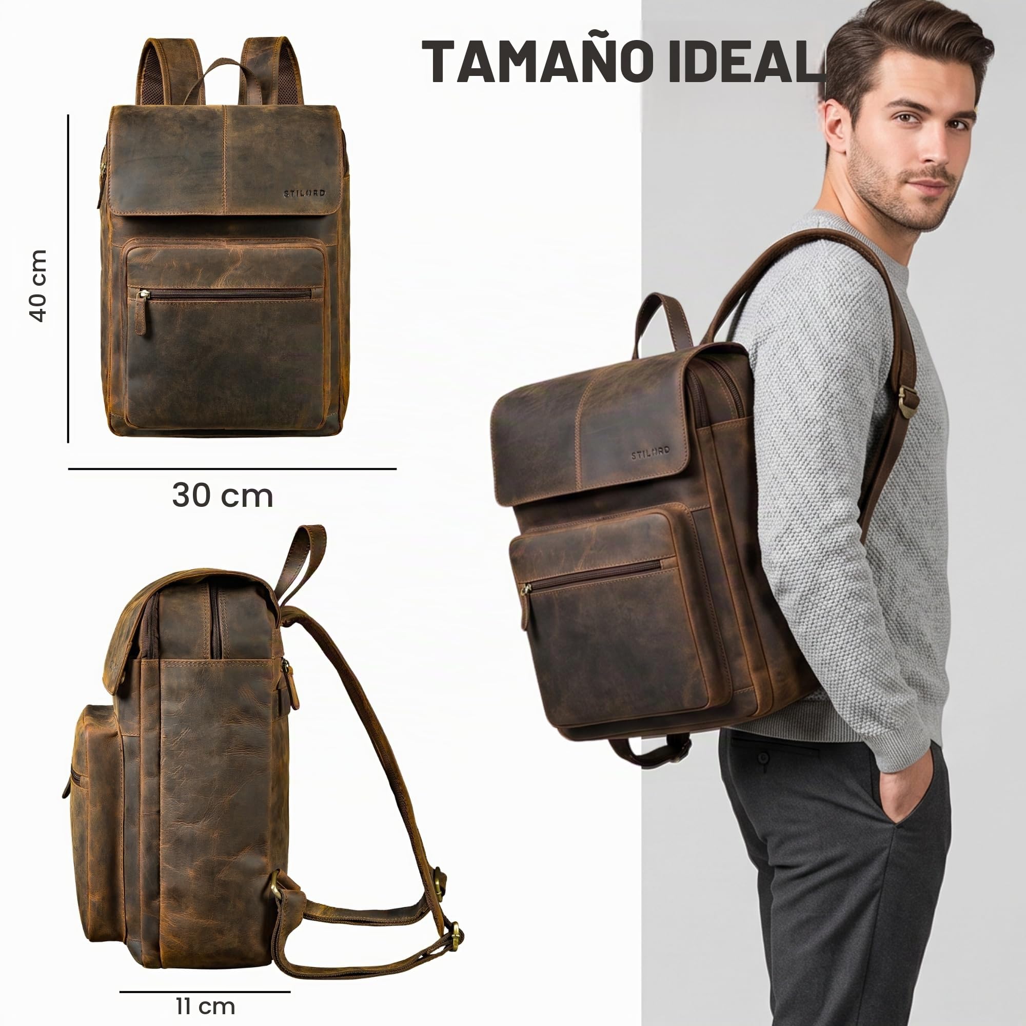 STILORD Sangro Mochila Cuero Hombre - Mochilas Portátil 15,6-16'' con 2 Compartimentos - Backpack Trabajo Piel Auténtica con Solapa Y Sujeción Trolley Color:Colorado - marrón