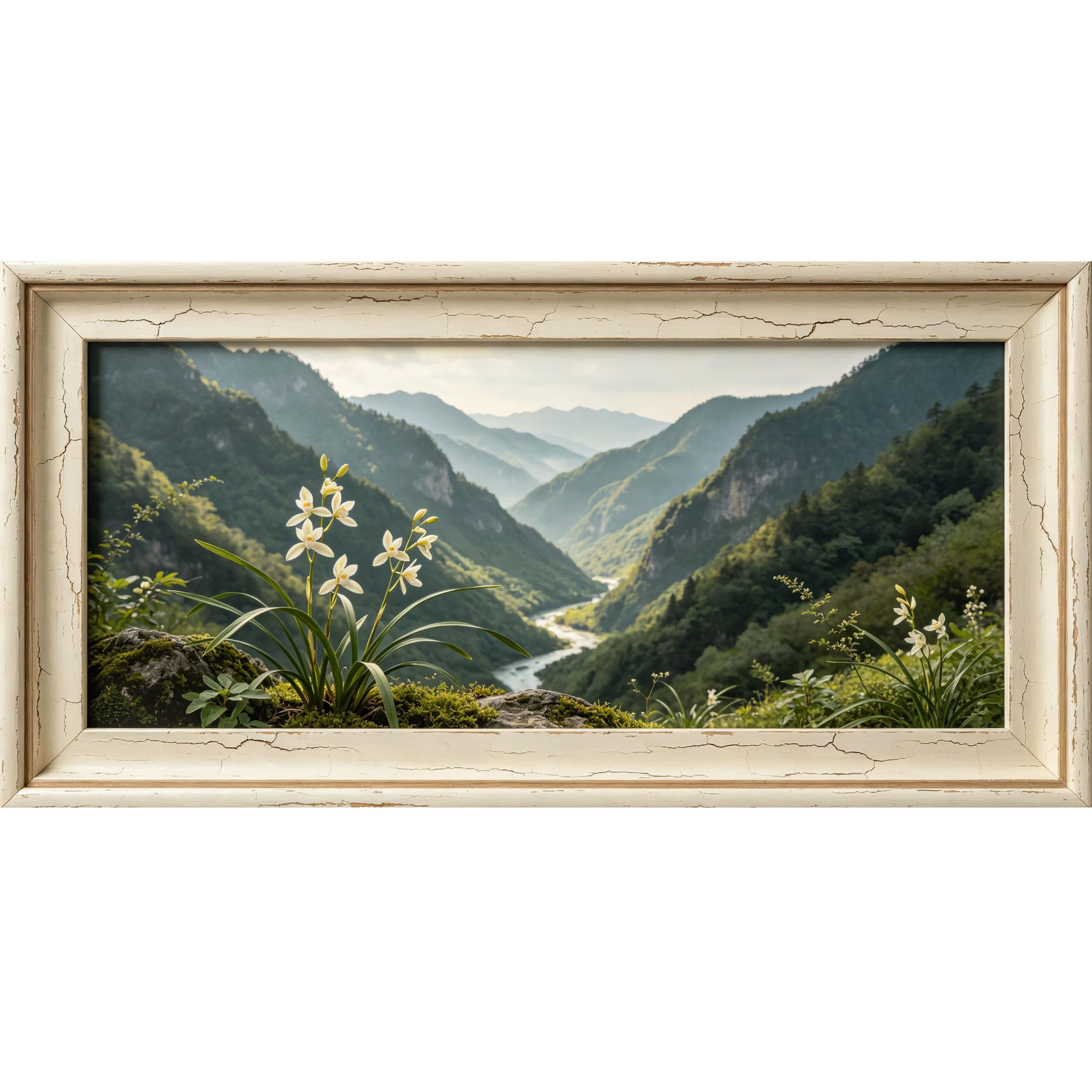 Agglomerix 3D Framed Wall Art Mountain Lake Valley Flowers Botanical Landscape Trompe l'oeil Large Size SelfAdhesive Removable Wall Decor Prints Artwork for Living Room Bedroom Office