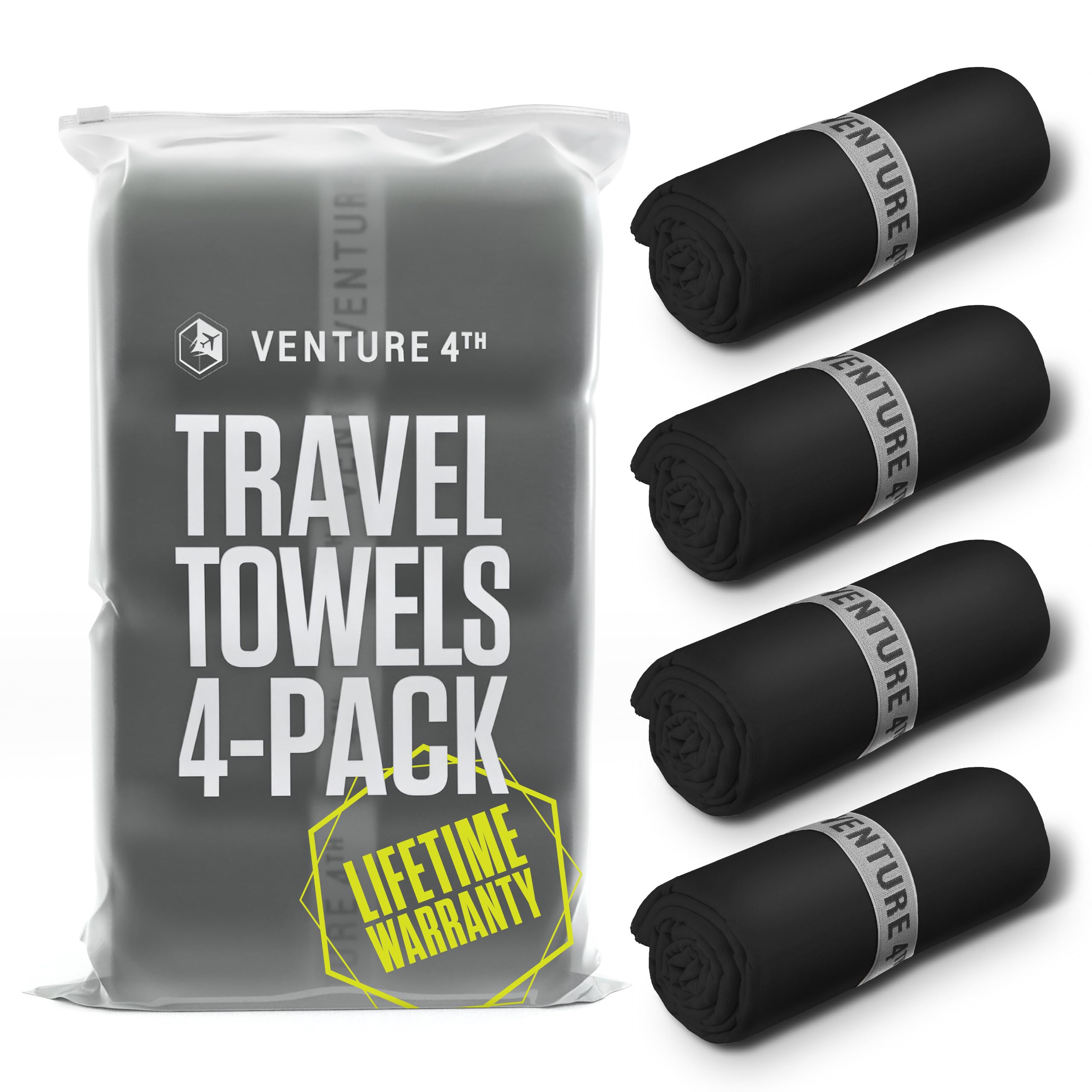 VENTURE 4TH 4-Pack Quick Dry Microfiber Towels - Black Large