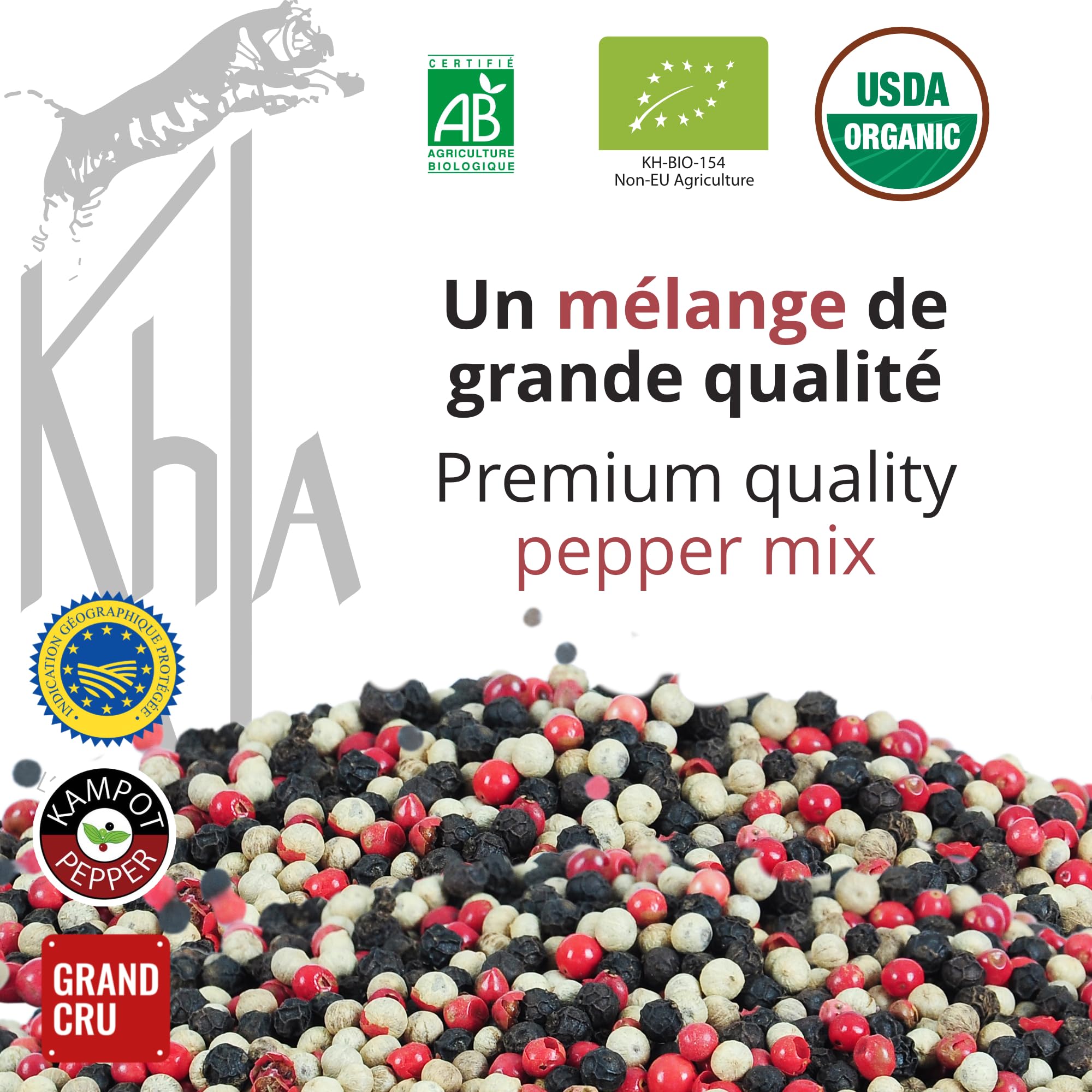 Khla - Bunter Pfeffer Ganz Bio 500g - Schwarzer, Weißer & Rosa Pfeffer - Bunt Kampot Pfefferkörner - Premium Qualität - Limitierte Produktion - Direkt vom Erzeuger - Aus Kambodscha & Madagaskar