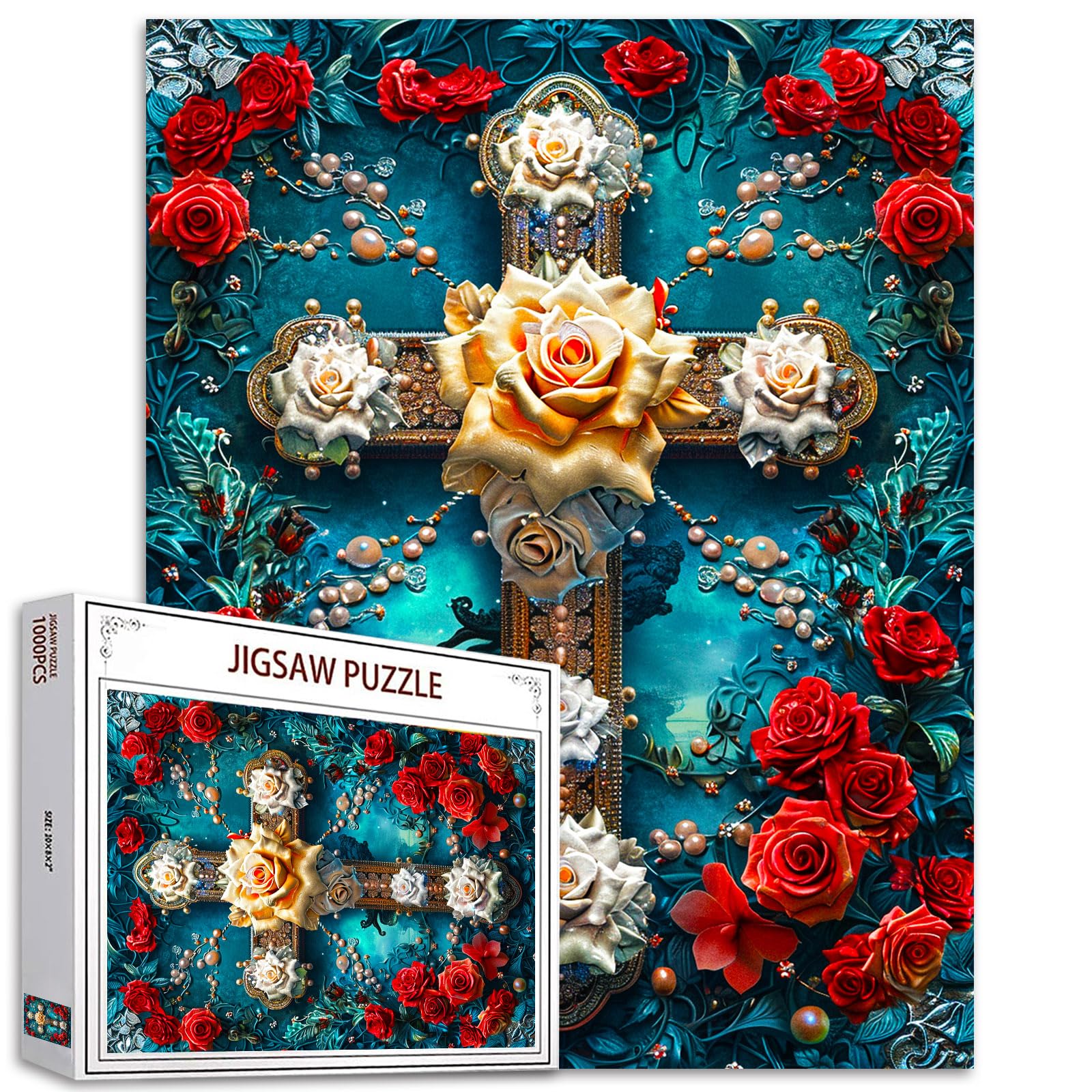 Cross 1000 Piece Jigsaw Puzzles for Adults Flowers Cross Puzzles Christ Religious Puzzle Challenging Family Activity Games Colorful DIY Craft Puzzle for Home Decor Gifts