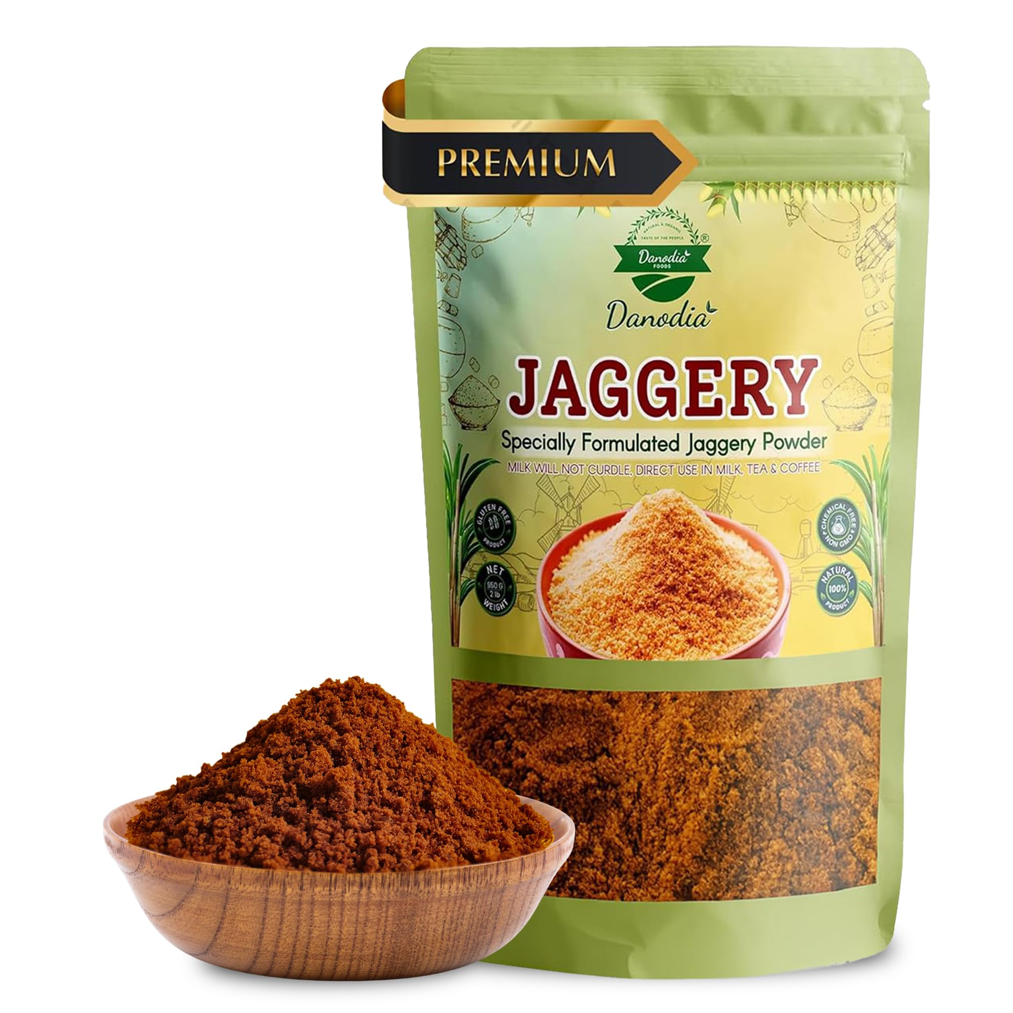 Danodia Foods Natural Jaggery Powder (2 lbs/950G) | Gluten Free, Traditionally Made Sweetner, No Additives or Preservatives Used | Unique Sugar Substitute, Best Of Indian Sweetener (Resealable Pouch)
