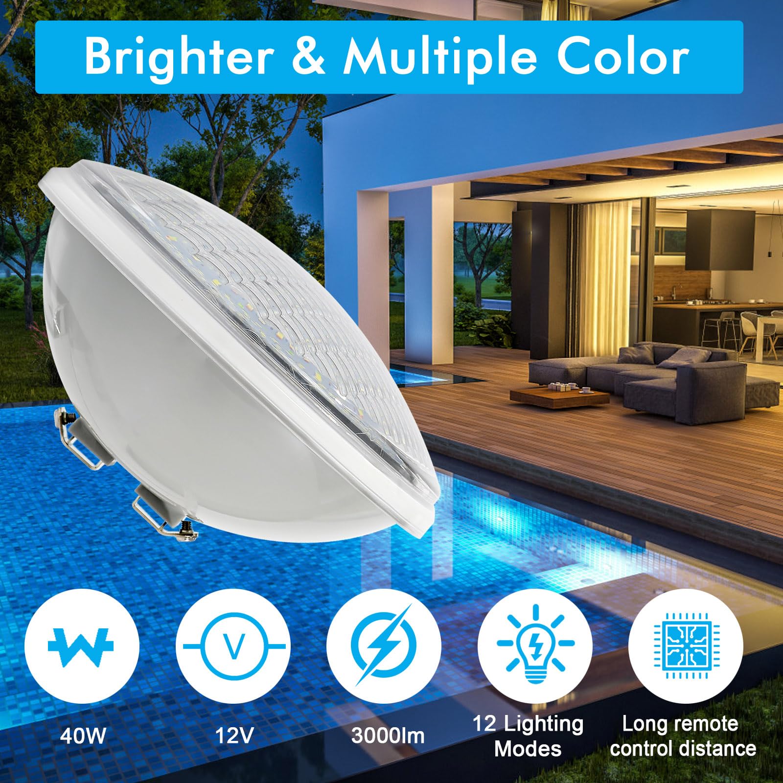 Monsing Luces LED para piscina PAR56 40W iluminación LED para piscina colgante bajo el agua reemplazo 300W foco halógeno DC/AC 12V RGB