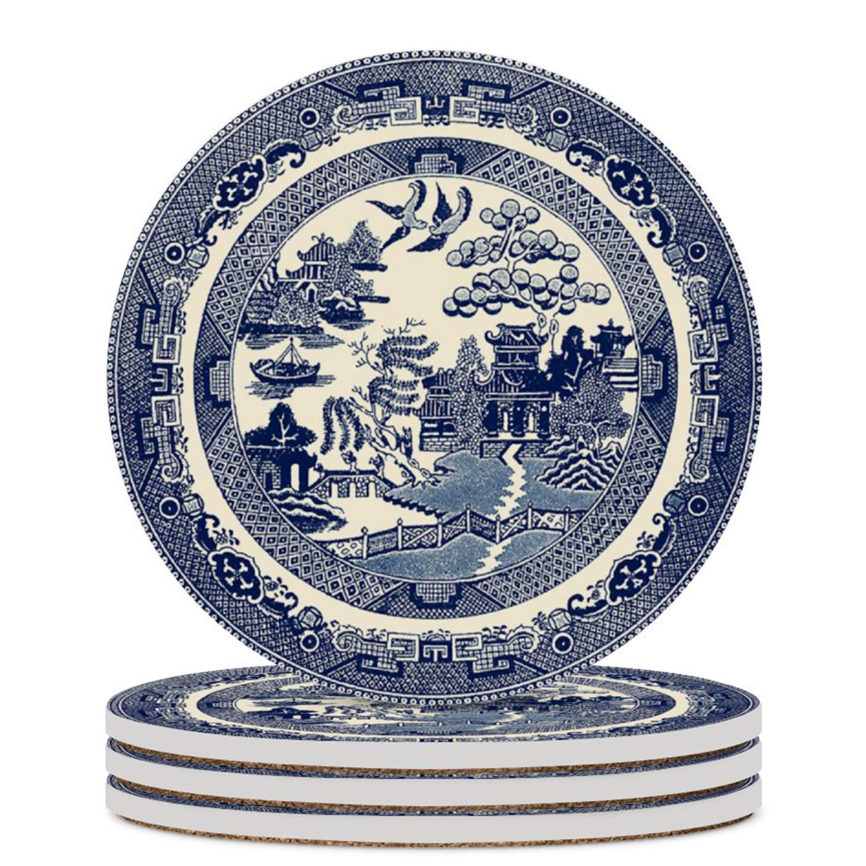 Cute Drinking Coasters Absorbent Coaster for Drinks - China Blue Willow 4 Sets 4" Size Ceramic Thirsty Stone with Cork Back Fit Big Cup, No Holder