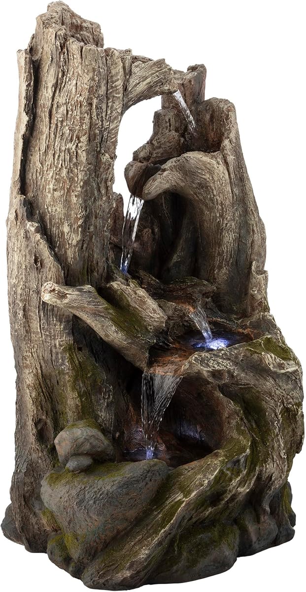 Alpine Corporation Fuente de cascada de tronco de árbol de selva tropical de 40 pulgadas de alto con luces LED, decoración de jardín al aire libre, patio, patio y porche