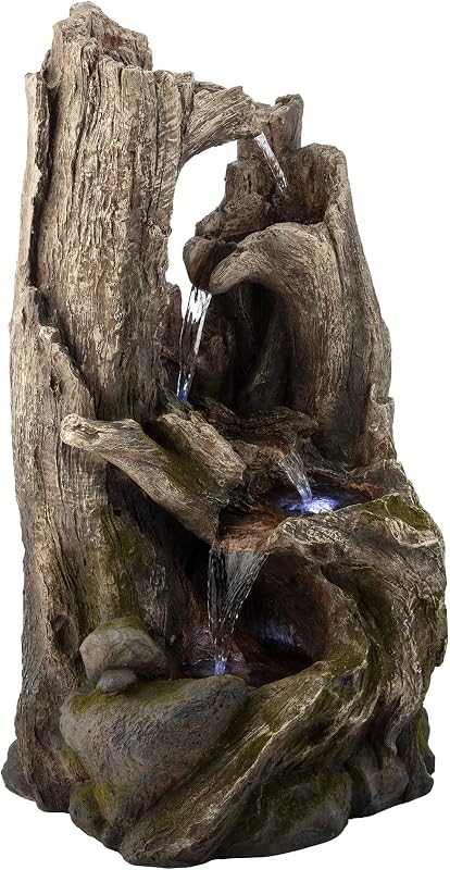 Alpine Corporation Fuente de cascada de tronco de árbol de selva tropical de 40 pulgadas de alto con luces LED, decoración de jardín al aire libre, patio, patio y porche