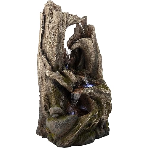 Alpine Corporation 40" Tall 4-Tier Rainforest Tree Trunk Waterfall Fountain with LED Lights, Outdoor Garden, Patio, Yard, and Porch Water Feature Decor