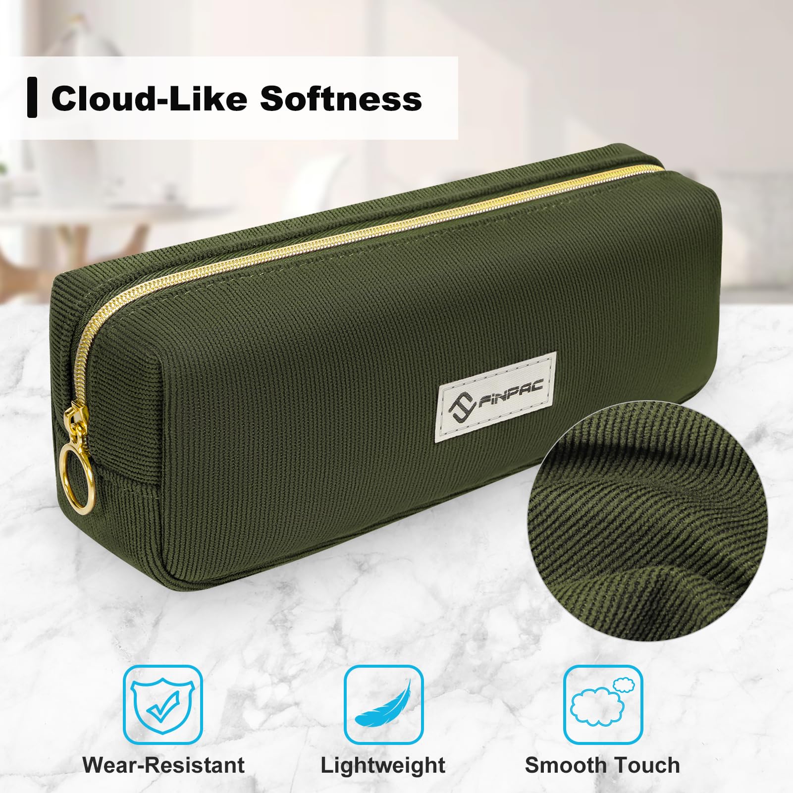 FINPAC Pencil Case, Large Capacity School Pencil Case Office Stationery Organizer, Corduroy Fabric Wide Opening Pencil Pouch for Boys & Girls, (Army Green) - Image 4