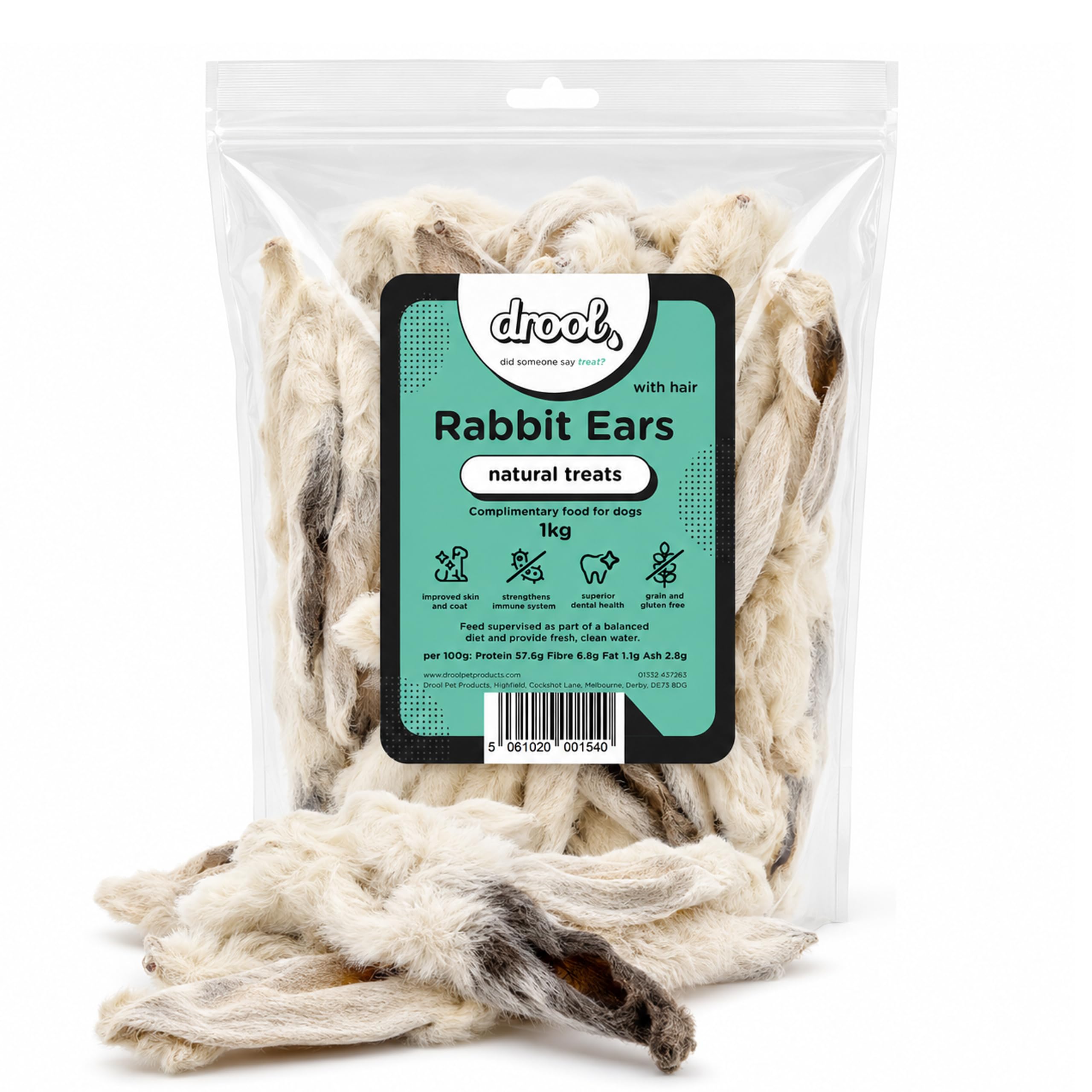 Drool Pet Products 100% Rabbit Treat with Hair for Dogs | Single Pack 1kg 100% Natural Air Dried Rabbit Ear Dog Treat Chews | Low Fat Healthy Hypoallergenic Grain Free Diets