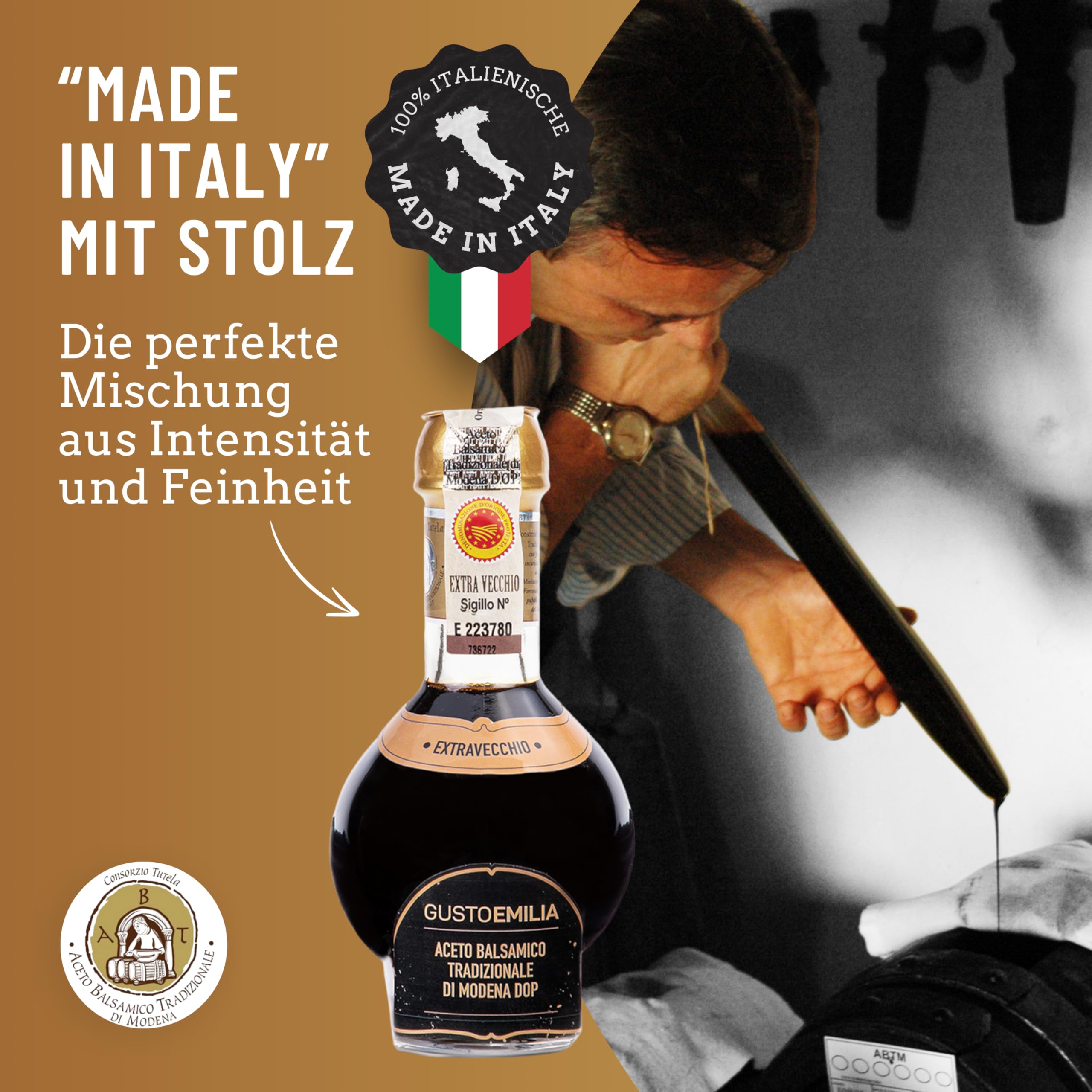 GUSTOEMILIA Traditioneller 25-jähriger, extra gereifter Aceto Balsamico di Modena IGP, Italienischer Balsamico Essig, Perfekte Kombination mit gereiftem Parmigiano Reggiano - 3,38 Fl Oz
