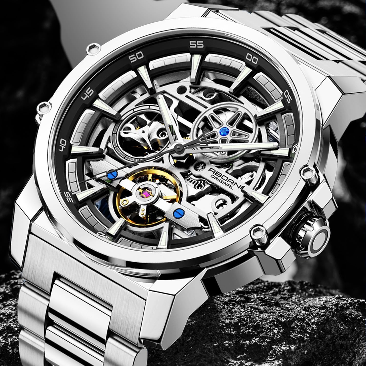 FORSINING Herren Luxus Automatik Skelett Mechanische Uhr Industriestil Selbstaufzug Hohl Uhren mit Tourbillon & Leuchtfunktion Edelstahlband Herren Armbanduhr