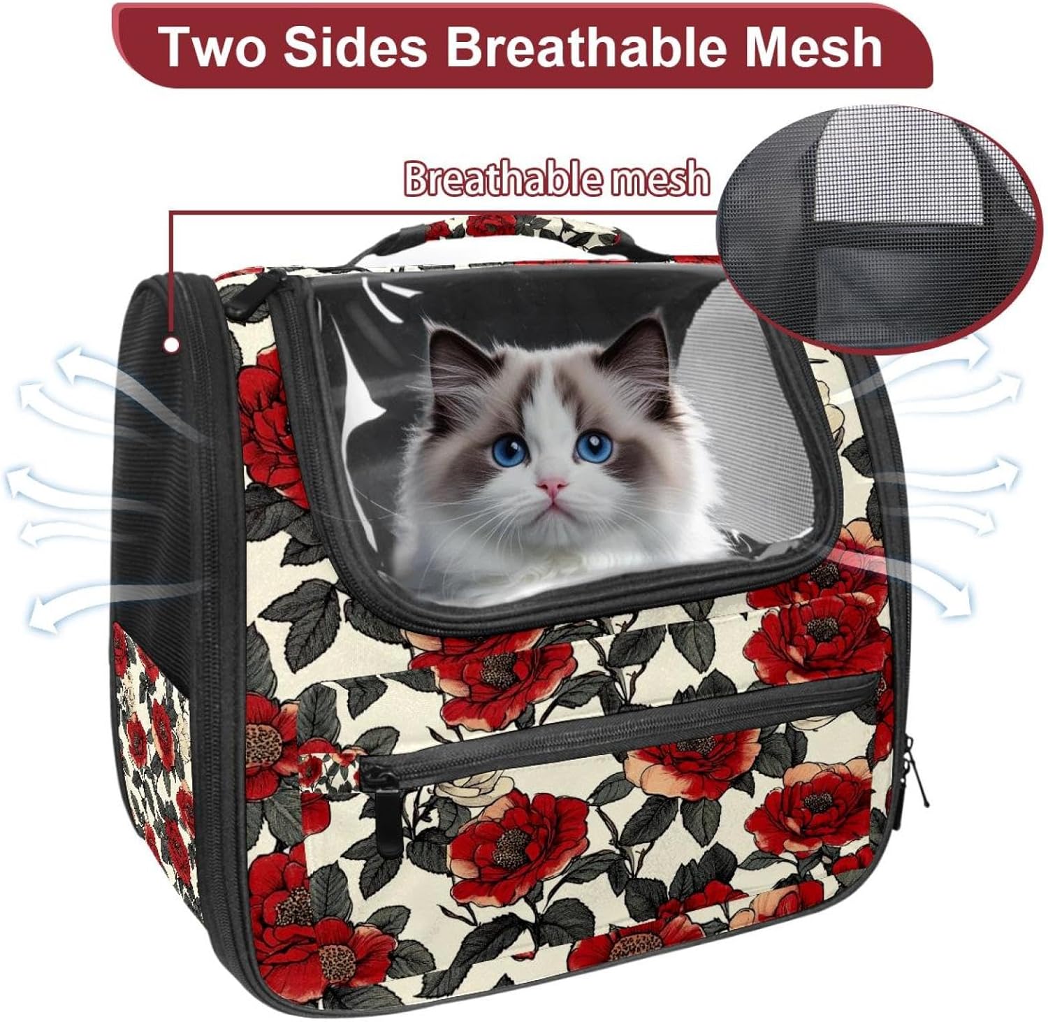 Portable Travel pet Backpack Carrier Hamster Bag Small Dog cat Carrier Breathable Hang Bag, Floral Flower Red Roses