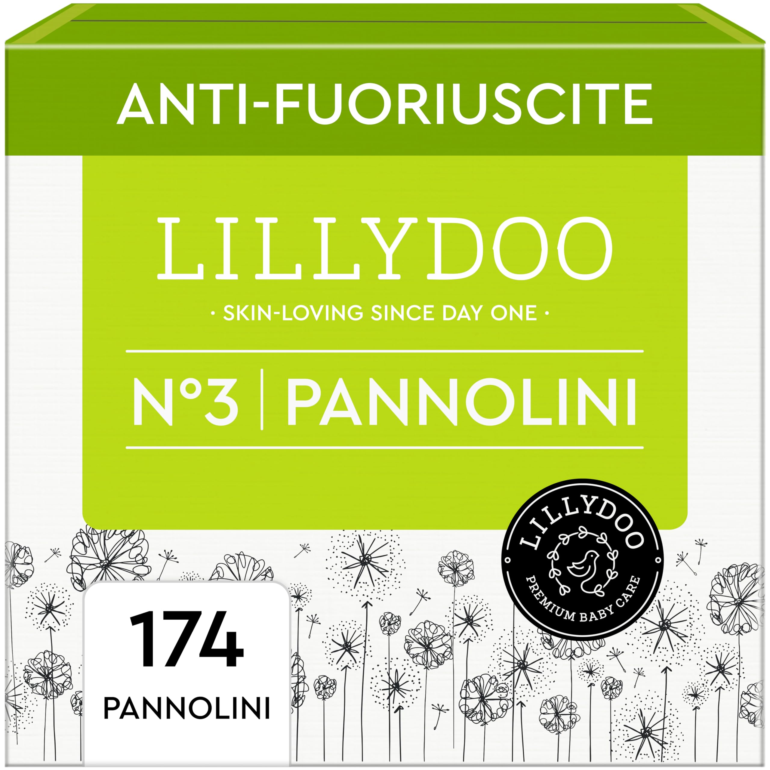 Pannolini LILLYDOO delicati sulla pelle - taglia 3 (6-10 kg), pacco scorta (174 unità), protezione contro le fuoriuscite, morbidi, senza profumi & lozioni e dermatologicamente testati