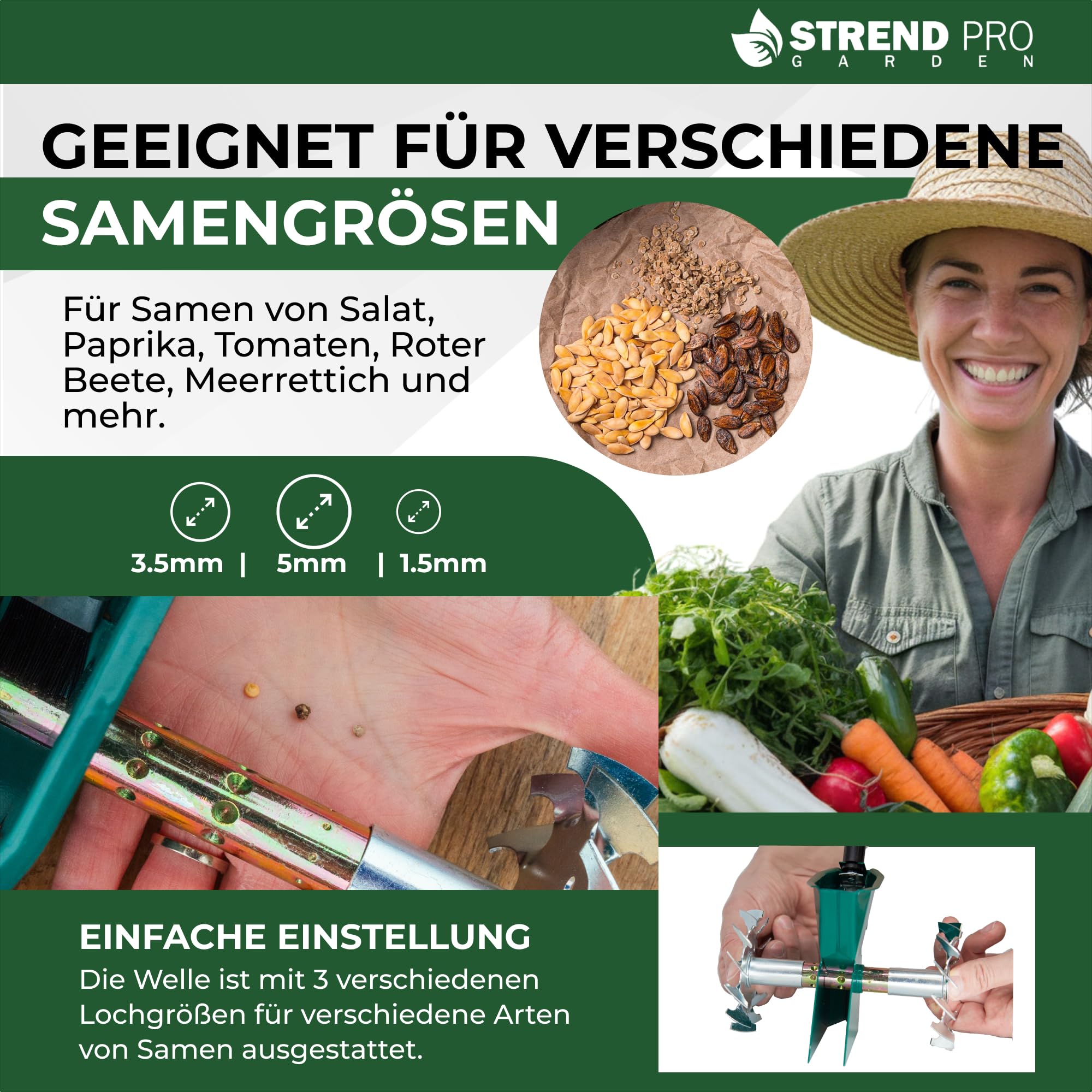 STREND PRO Sämaschine | Manuell Samenstreuer | Metall | Einreihig | EINSTELLBAR Samengröße (1,5; 3,5; 5 mm) | Samen Streuer für Kleine Flächen, Beete, Garten, Gewächshäuser | Hand-Samenstreuer