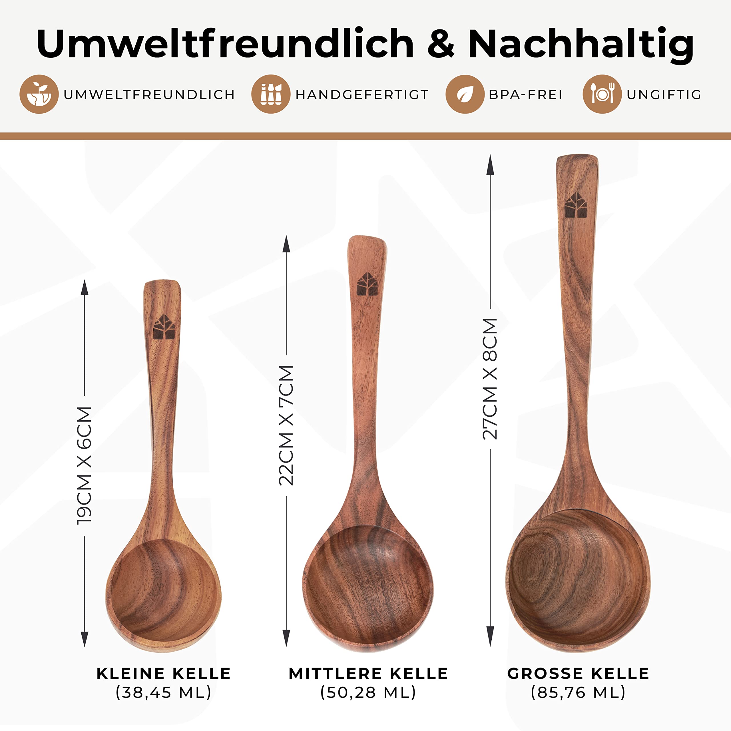 Suppenkelle Holz Set, 3-teilig aus Teakholz - Robustes & nachhaltiges Holzkochlöffel Set - BPA-FREI Schöpflöffel in Groß, Mittel und Klein - Verschiedene Größen für unterschiedliche Kochaufgaben
