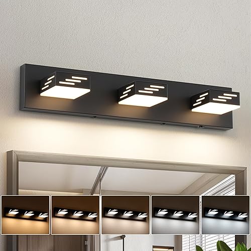 Joosenhouse Lámpara de tocador de baño negra de 3 luces, 5CCT regulable, luces LED de tocador sobre el espejo, 23.6 pulgadas, 24 W, luces de espejo