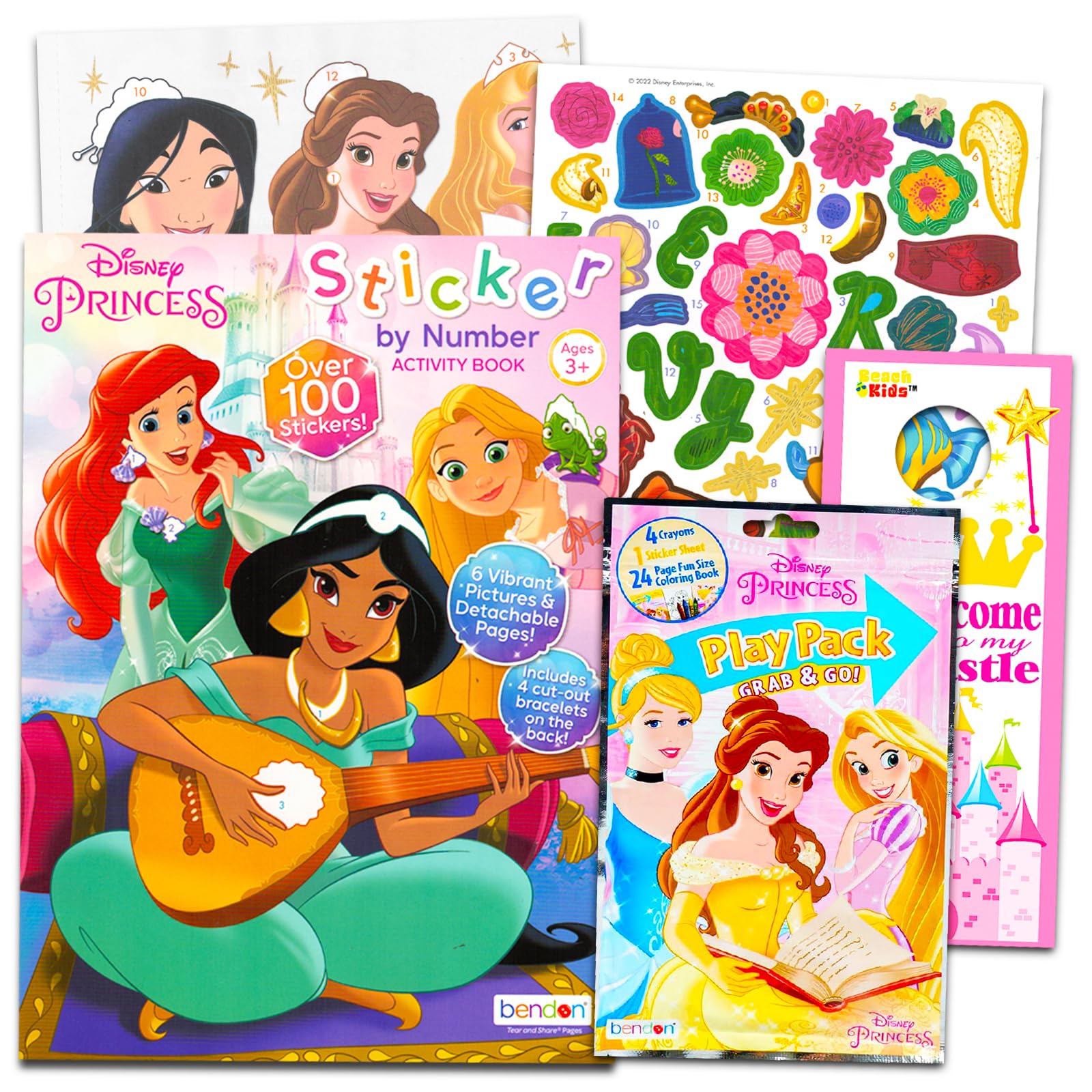 Disney Princess Sticker by Number Book Set for Girls - Princess Activity Sticker Book Bundle with Disney Sticker Mosaic Book Coloring Pages, More | Disney Princess Activity Book for Kids