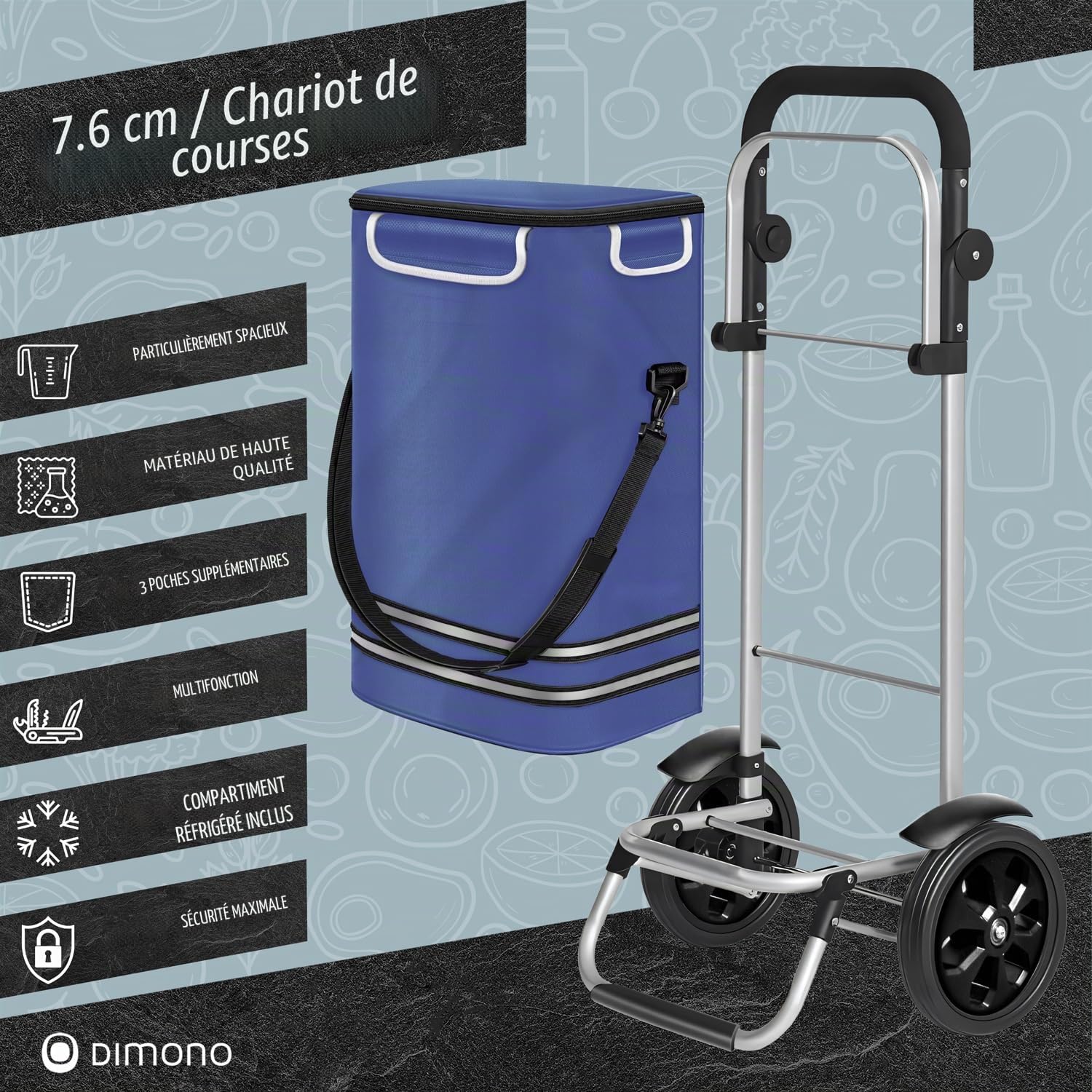 Dimono® Chariot de Courses Pliable 3-en-1 avec Compartiment Isotherme 56 L