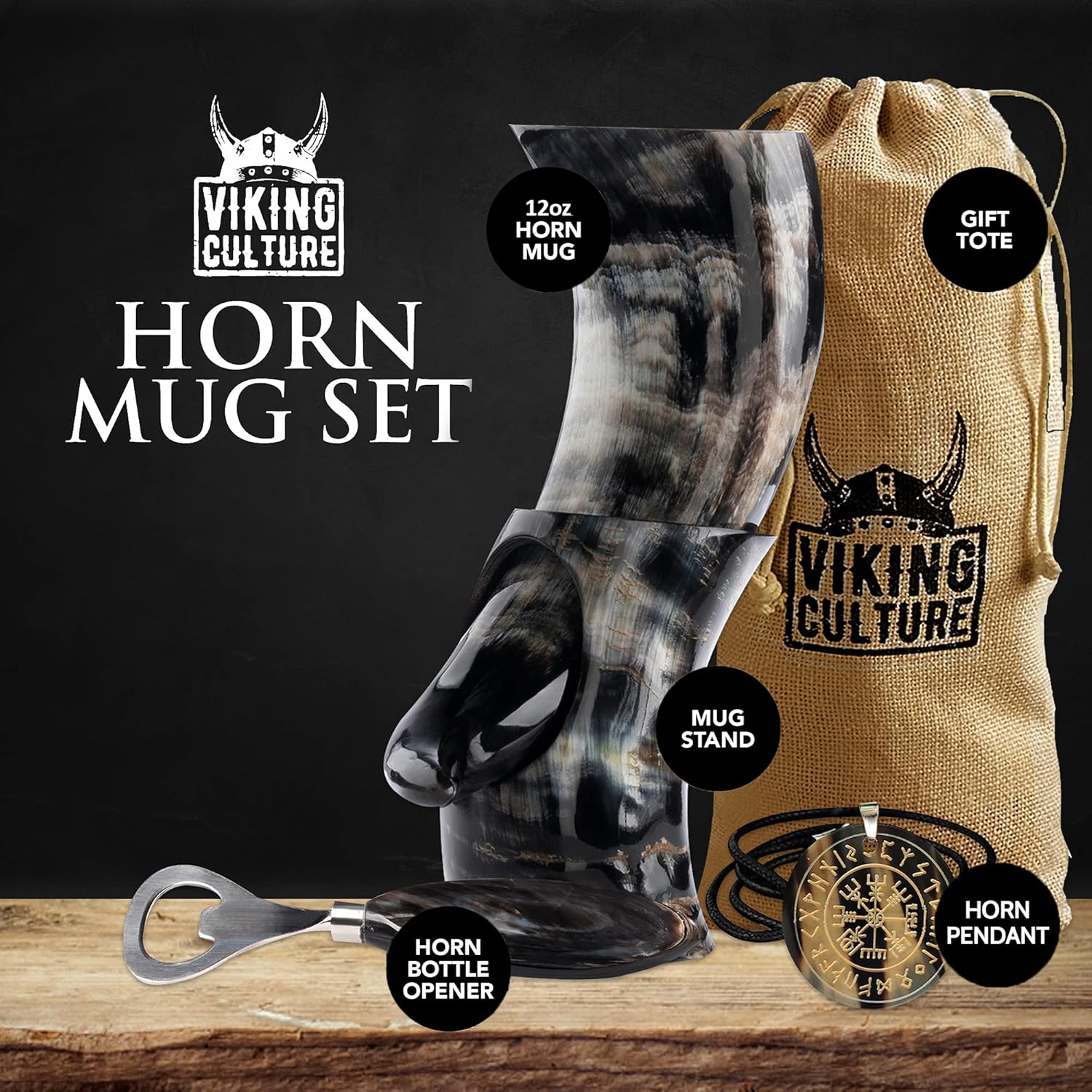 Viking Culture 12 Oz. Viking Drinking Horn with Beer Opener, Stand, Viking Pendant and Vintage Burlap Bag, Polished Finished with Authentic Medieval Norse Style - Image 3
