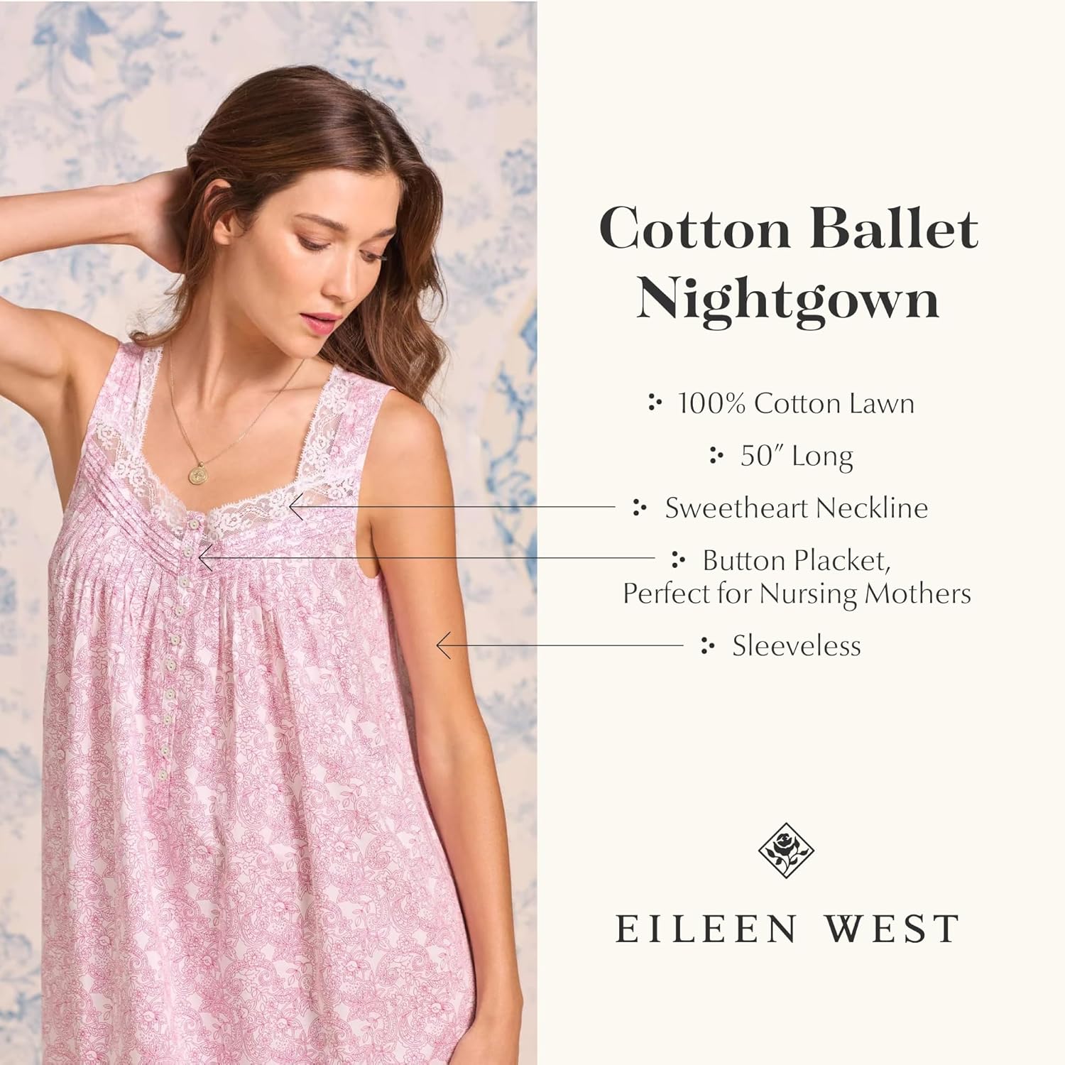 Eileen West Womens Sleepwear & Loungewear - Woven Lawn Collection - 100% Cotton Breathable Sleeveless 50" Long Nightgown - Image 5