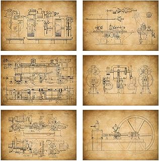 Meishe Art Poster Print Antique Mechanical Blueprint Structural Drawing Illustration Vintage Engineer Design Draft Showing the Basic Structure Construction of Schematic Diagram Home Wall Decor
