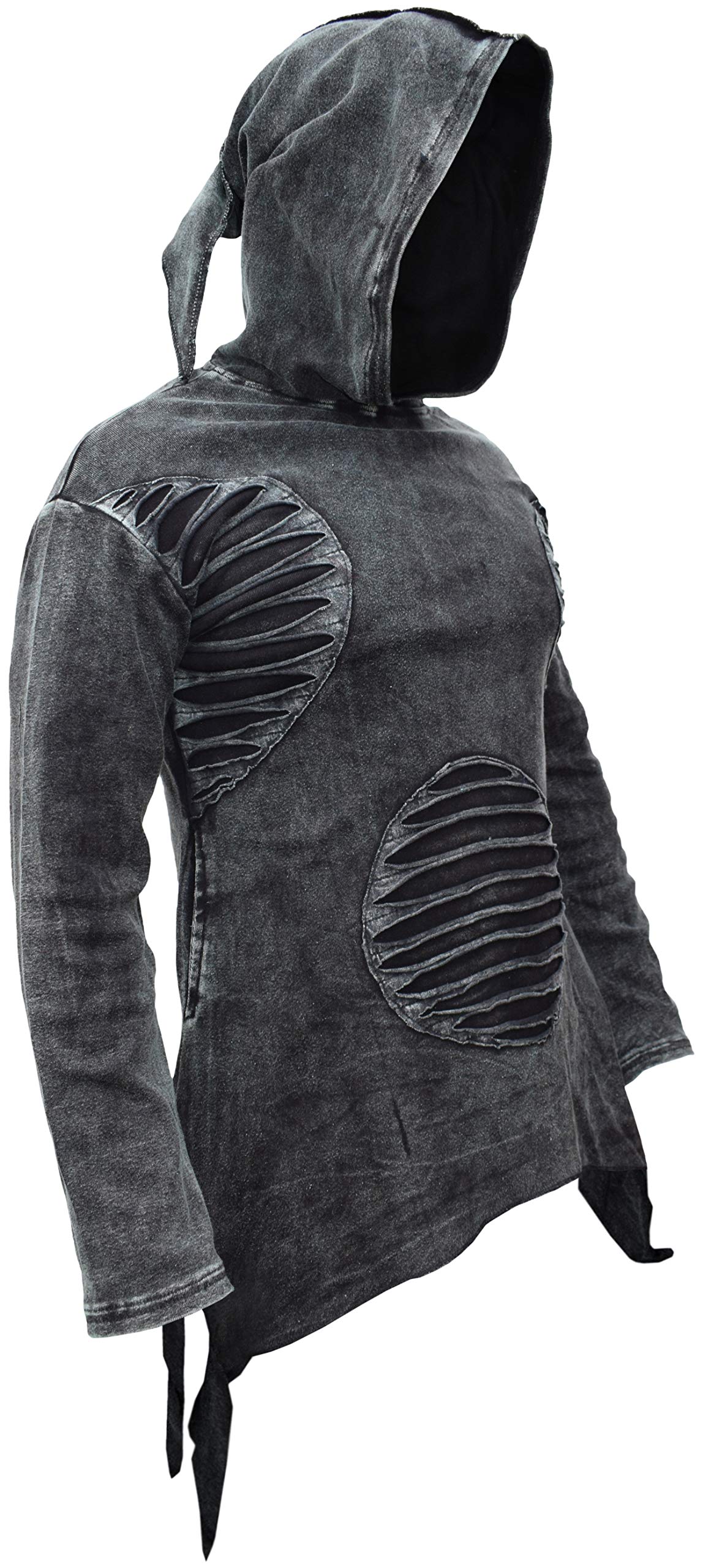 Gheri Men's Black Stone Washed Stone Washed Gothic Asymmetrical Hem Ripped Punk Dark Hoody Black Small