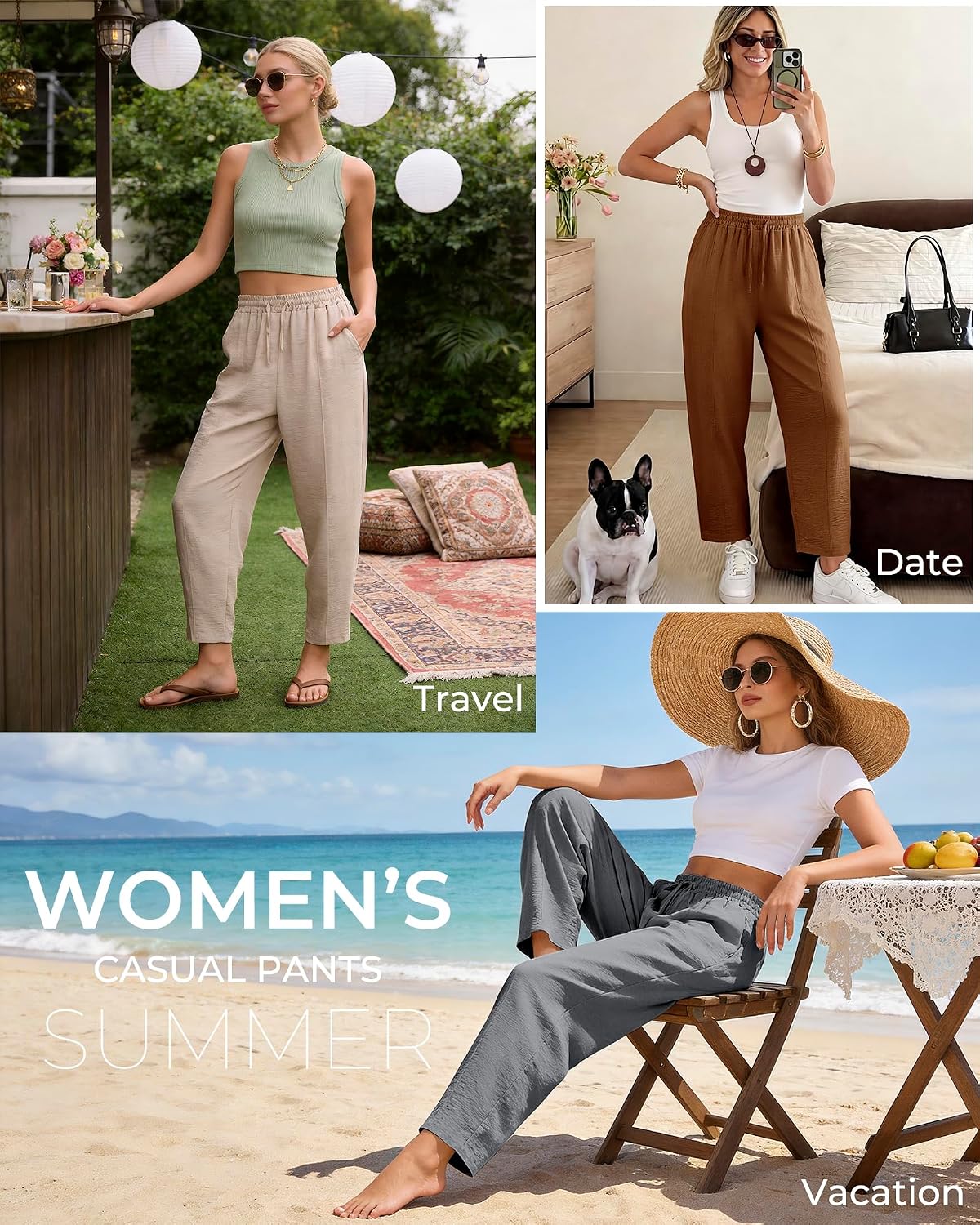 Women's Casual Cropped Pants Loose Casual Palazzo Trousers Drawstring Wide Leg Lounge Pants with Pockets