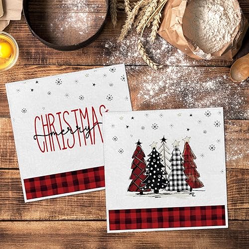 Miniatura 8 de Artoid Mode Juego de 2 toallas de cocina de Navidad con texto en inglés Merry Christmas de color negro y rojo, 18 x 26 pulgadas, diseño de árboles