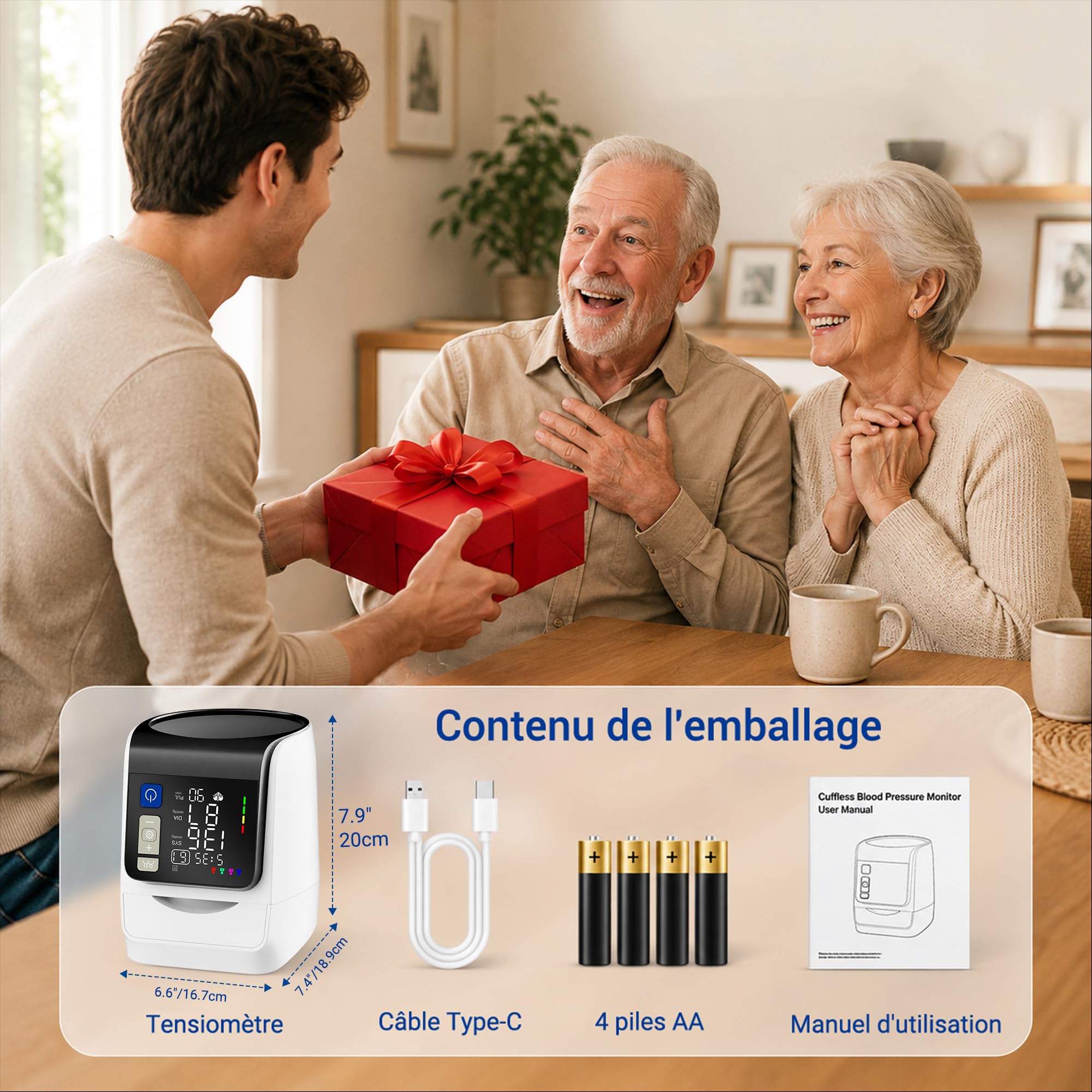 Tensiómetro Automático de Brazo, Pantalla LED Retroiluminada, 4 Usuarios 199 Memorias, Detección de Arritmia, Funciona con USB-C o Pilas, Tensiómetro Portátil para Uso Doméstico y Viajes