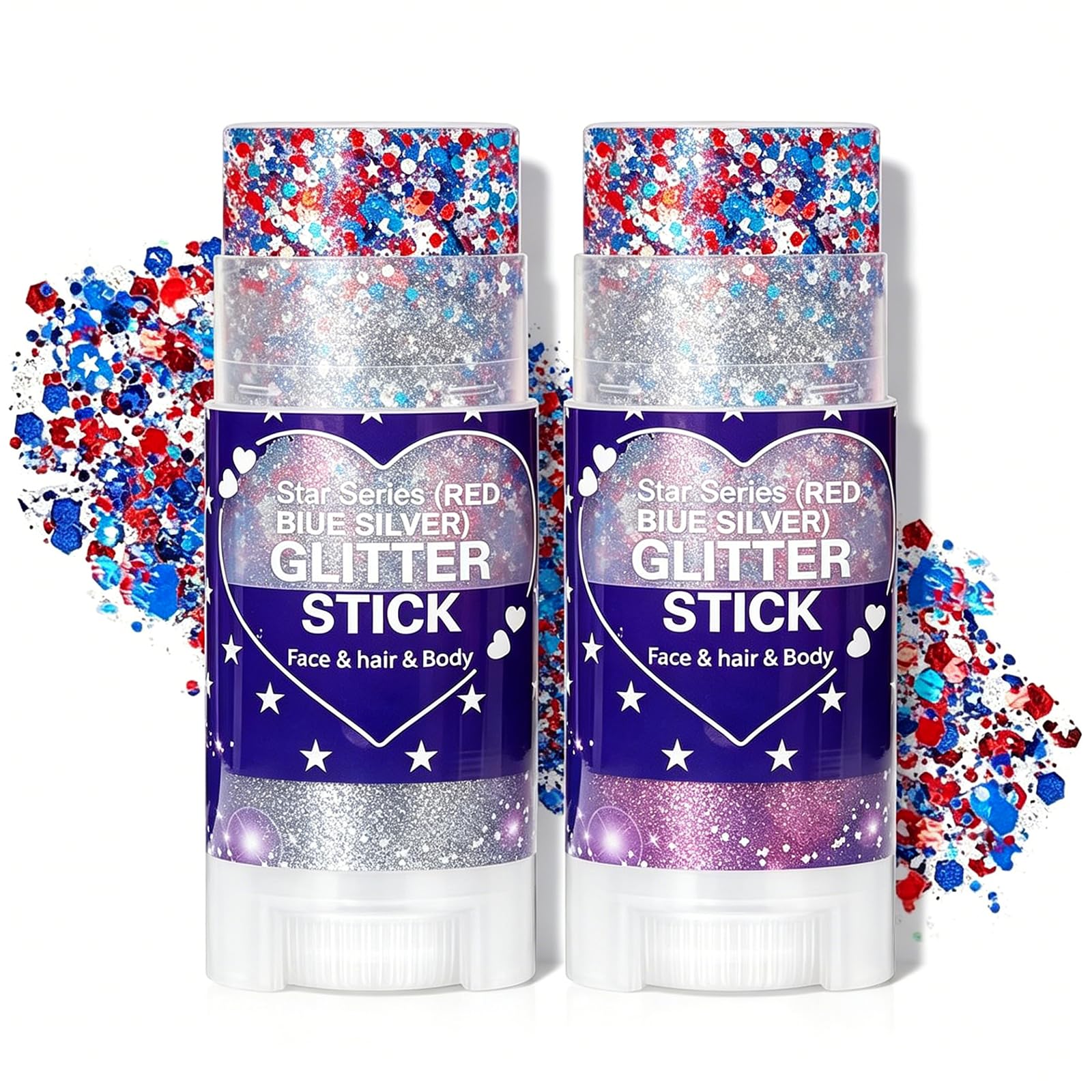Patriotic Red White and Blue Glitter Stick 2 Pack, Face & Body Glitter Makeup for Women and Girls, Waterproof USA Flag Glitter for 4th of July, Memorial Day, Veterans Day & USA 250th Anniversary