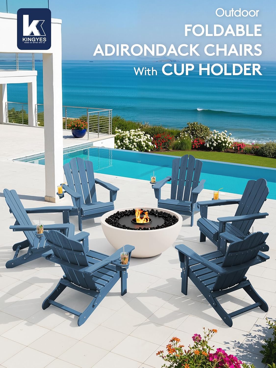 KINGYES Folding Adirondack Chair, HDPE All-Weather Patio Chairs with Cup Holder, Wooden Textured Fire Pit Chairs for Poolside, Backyard, Deck, Navy - Image 5